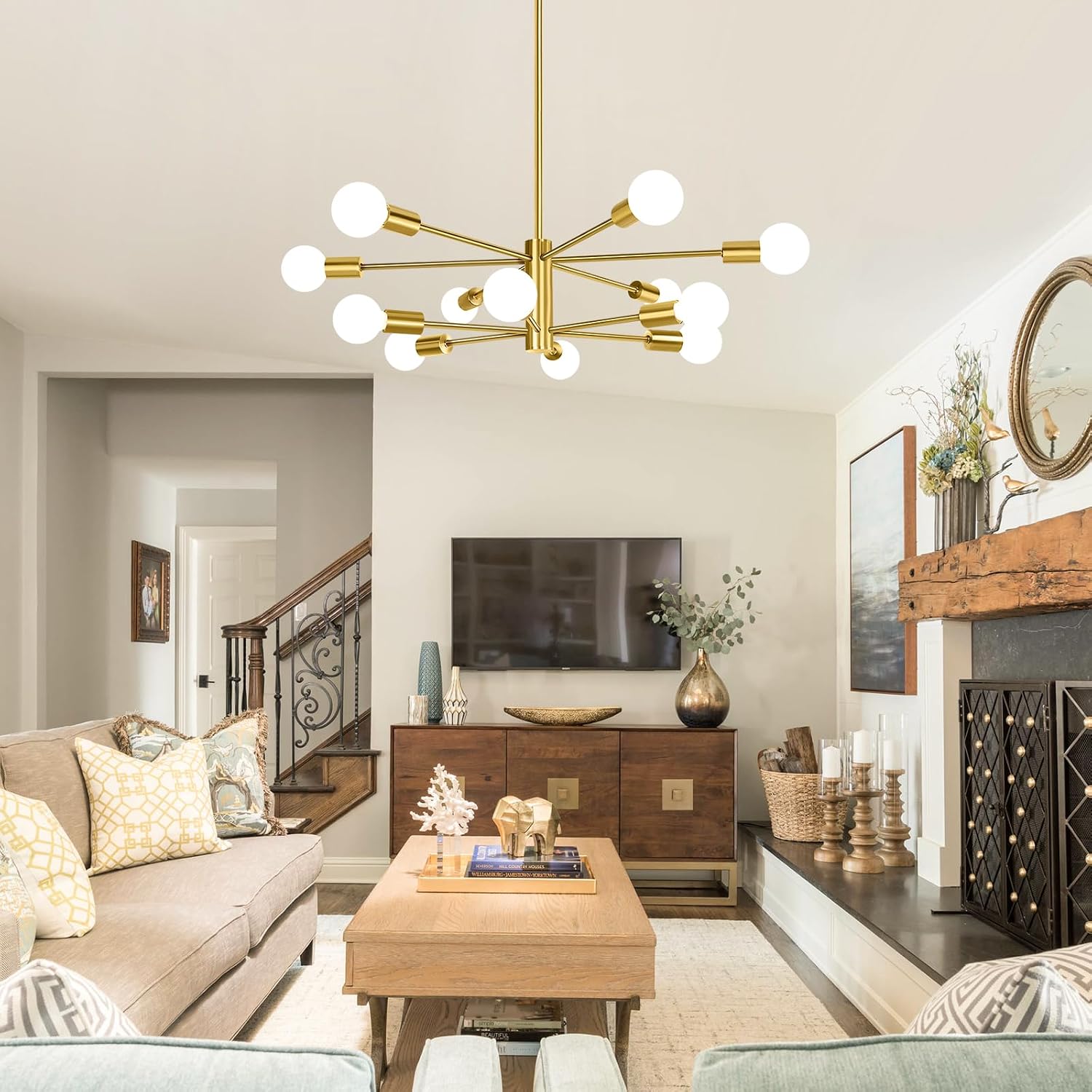 BesLowe 31'' 12-Light Modern Sputnik Chandelier, Mid Century Gold Chandeliers Lighting, Farmhouse Ceiling Hanging Light Fixture for Dining Room Bedroom Living Room Kitchen Foyer, Height Adjustable