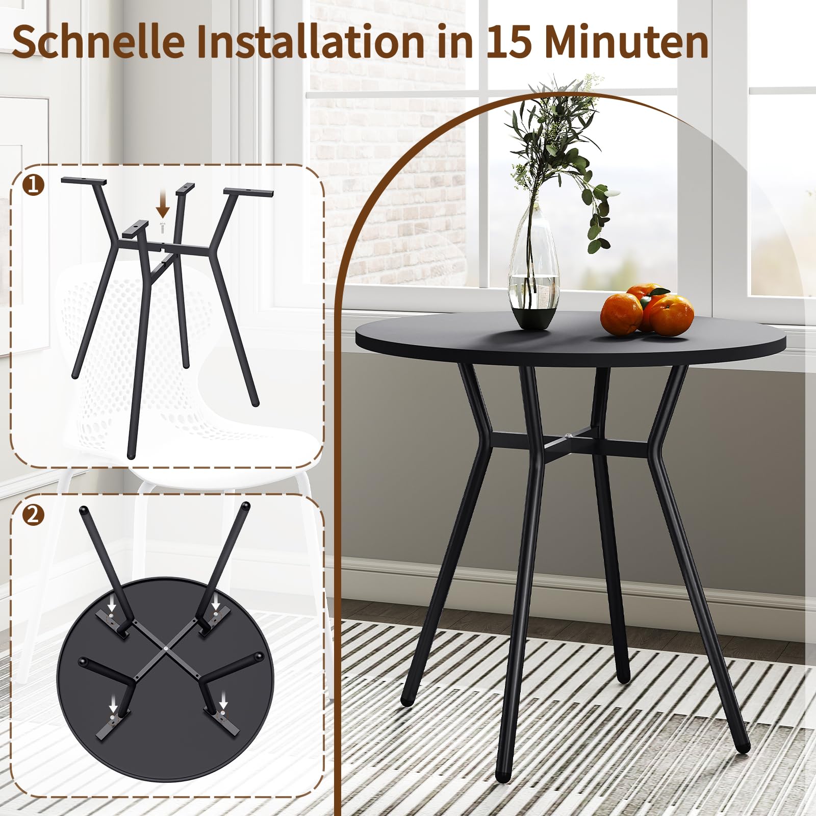 JIJIAN Runder Esstisch für 2-4 Personen, Kleiner Küchentisch 80 x 80 x 75 cm, Metallbeine, ideal für kleine Wohnungen, Küche, Esszimmer, Balkone und Gärten, Schwarz