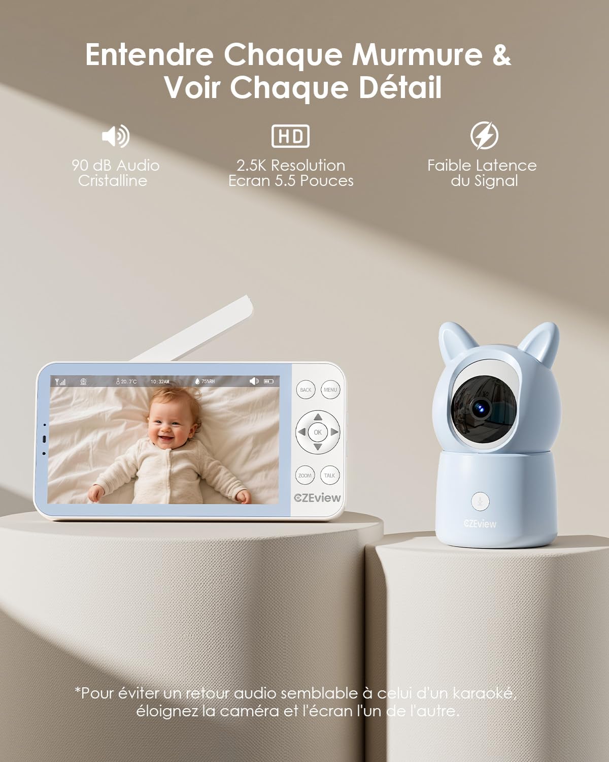 CZEview Babyphone Caméra 2.5K & Ultra Grand Moniteur HD 5,5", Qualité d'image au Top, 360°, APP, Veilleuse & Musique, Vision Nocturne, Caméra Bébé (Bleu (2 pièces))