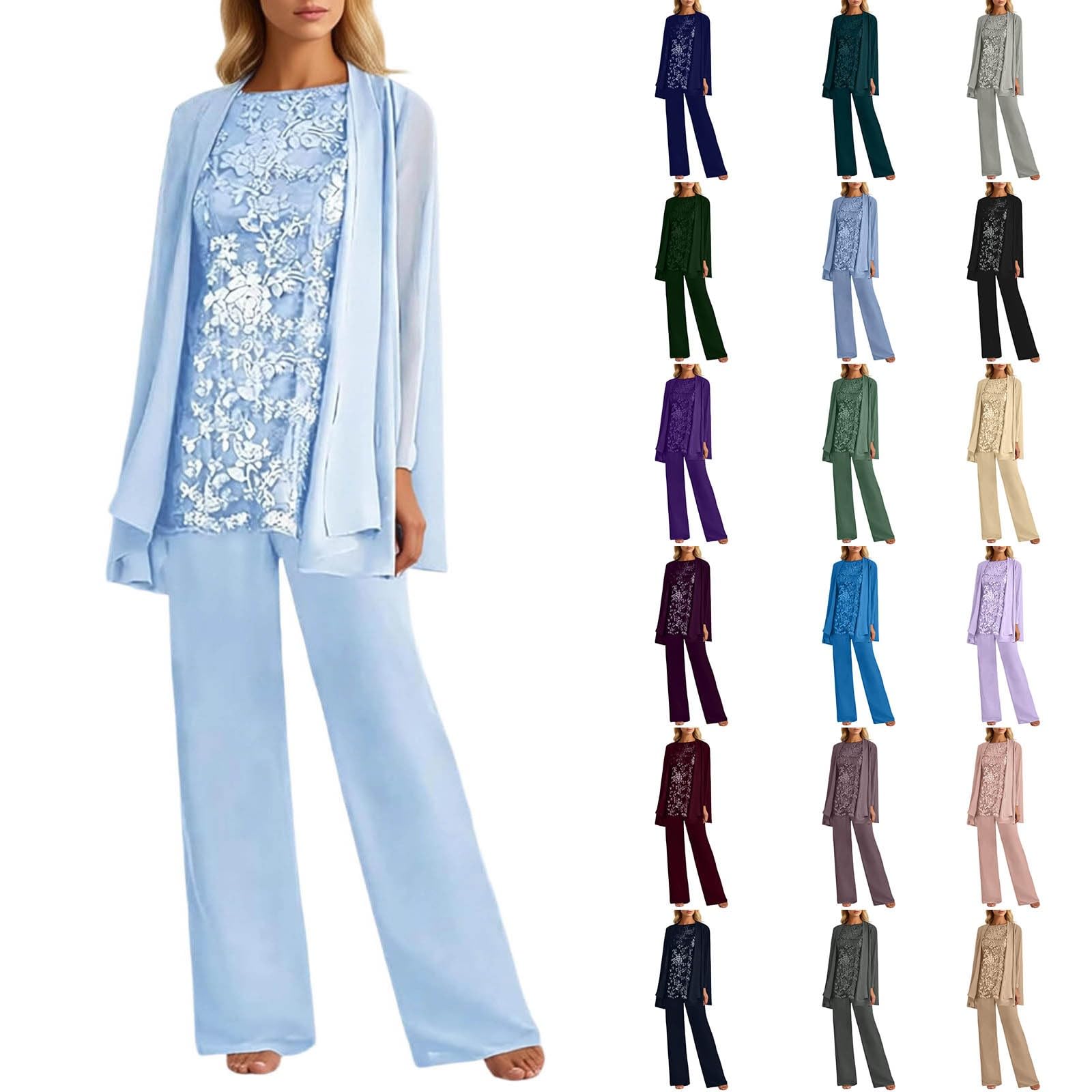 Costume de mère de la mariée pour femme - Pantalon en mousseline de soie - Costume de soirée formelle - Pantalon et chemise - 3 pièces - Couleur unie - Tenue de loisirs - Tenue opaque - Grande taille