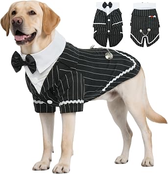 DENTRUN Dog Tuxedo Suit with Bow Tie - Formal Black & White Striped Pet Costume Shirt, Elegant Wedding Outfit Birthday Party Attire for Siberian Husky Border Collie Large Dogs, XL