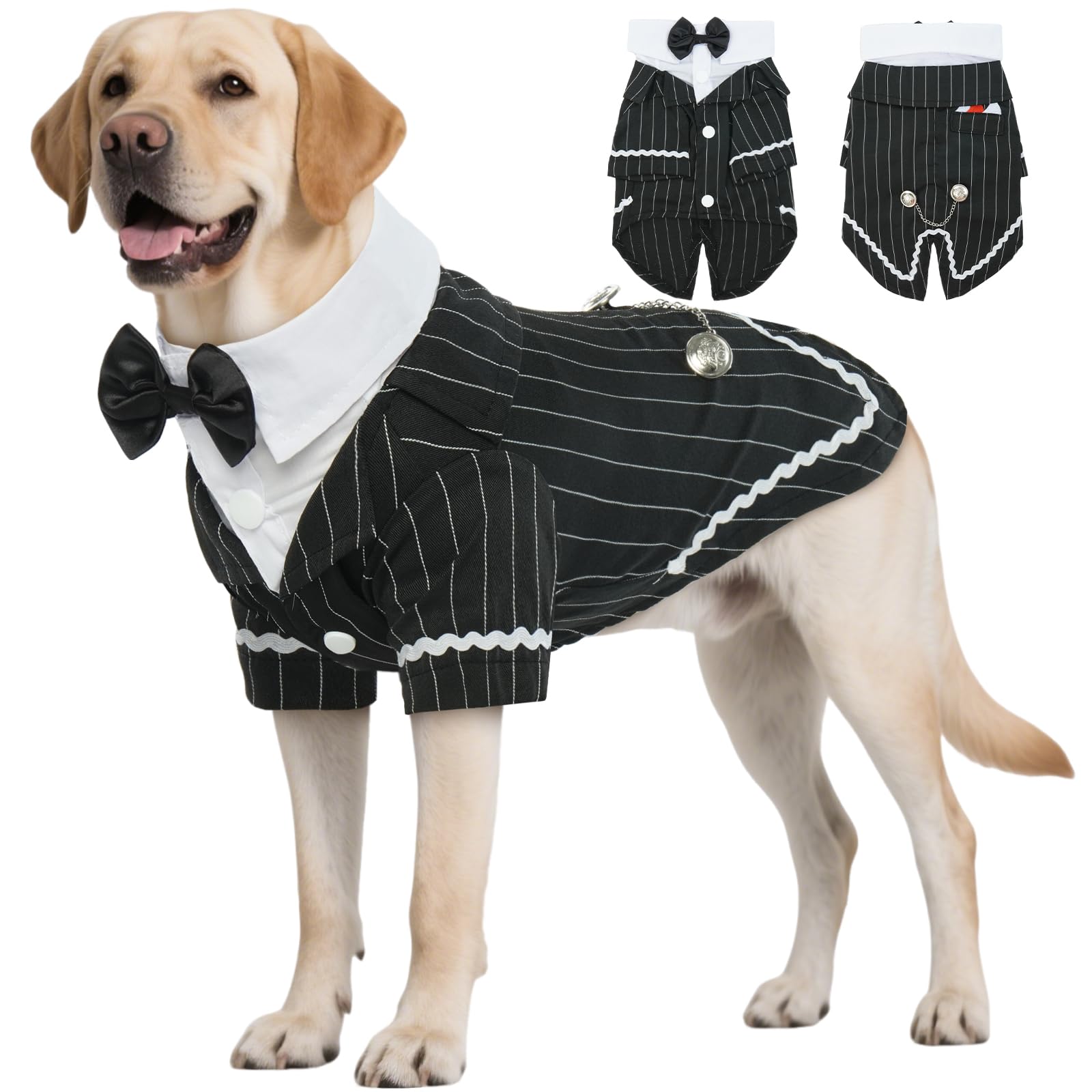 DENTRUN Dog Tuxedo Suit with Bow Tie - Formal Black & White Striped Pet Costume Shirt, Elegant Wedding Outfit Birthday Party Attire for Golden