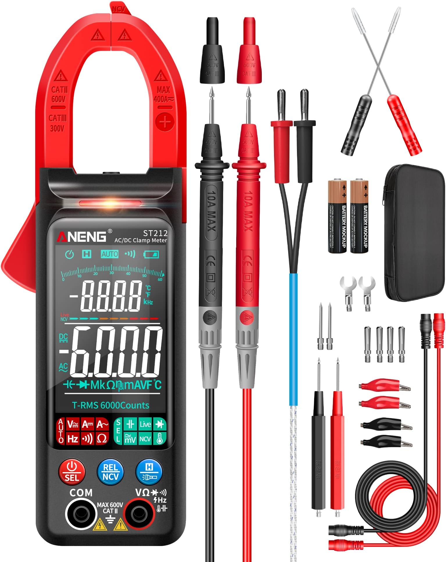 ANENG Clamp Meter Multimeter Tester Auto Ranging TRMS 6000 Counts AC/DC Current Voltage Ohm Volt Amp Meter Meansures NCV Continuity Diode Resistance Capacitance Null/Fire Wire Electrical Tools