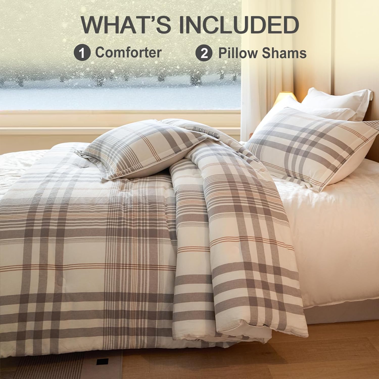 100% Cotton Comforter Set Queen Size – Reversible Yarn-Dyed Checkered Design, Soft Washed Cotton on Both Sides, Lightweight All-Season Bedding, Machine Washable(Grey White Plaid, 90”x90”) - Image 5