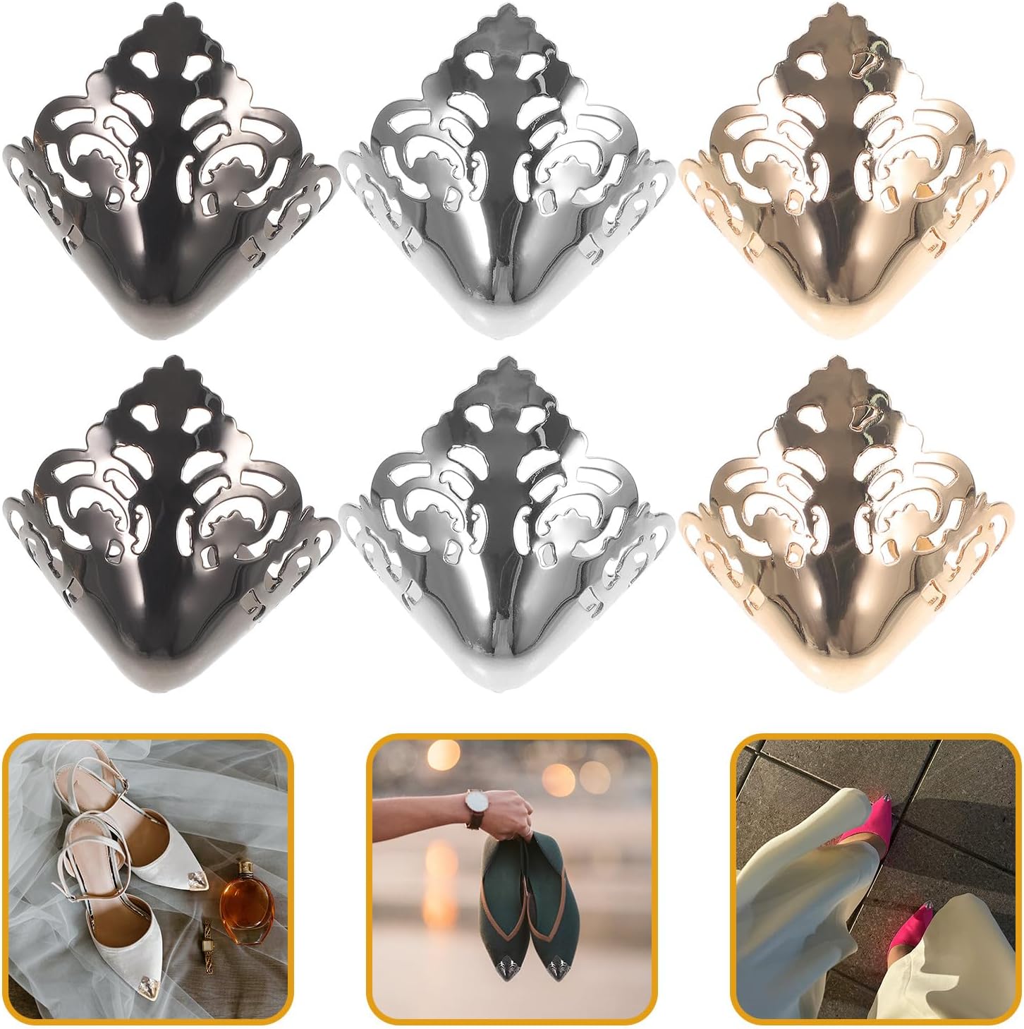 HOMSFOU 3 Pairs Metal Shoe Toe Covers and Toe Caps for High Heels, Pointed Shoe Tip Protectors in Gold, Silver, and Gunmetal, Protective Boot Guards for Women’s Pointed Pumps