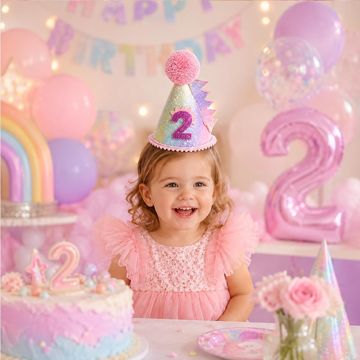 Pink Dinosaur 2nd Birthday Decorations Girl,Pink Dinosaur 2 Years Birthday Hat, Two Rex Girl Dino Theme Party Decoartion for 2 Years Girls Baby Shower.
