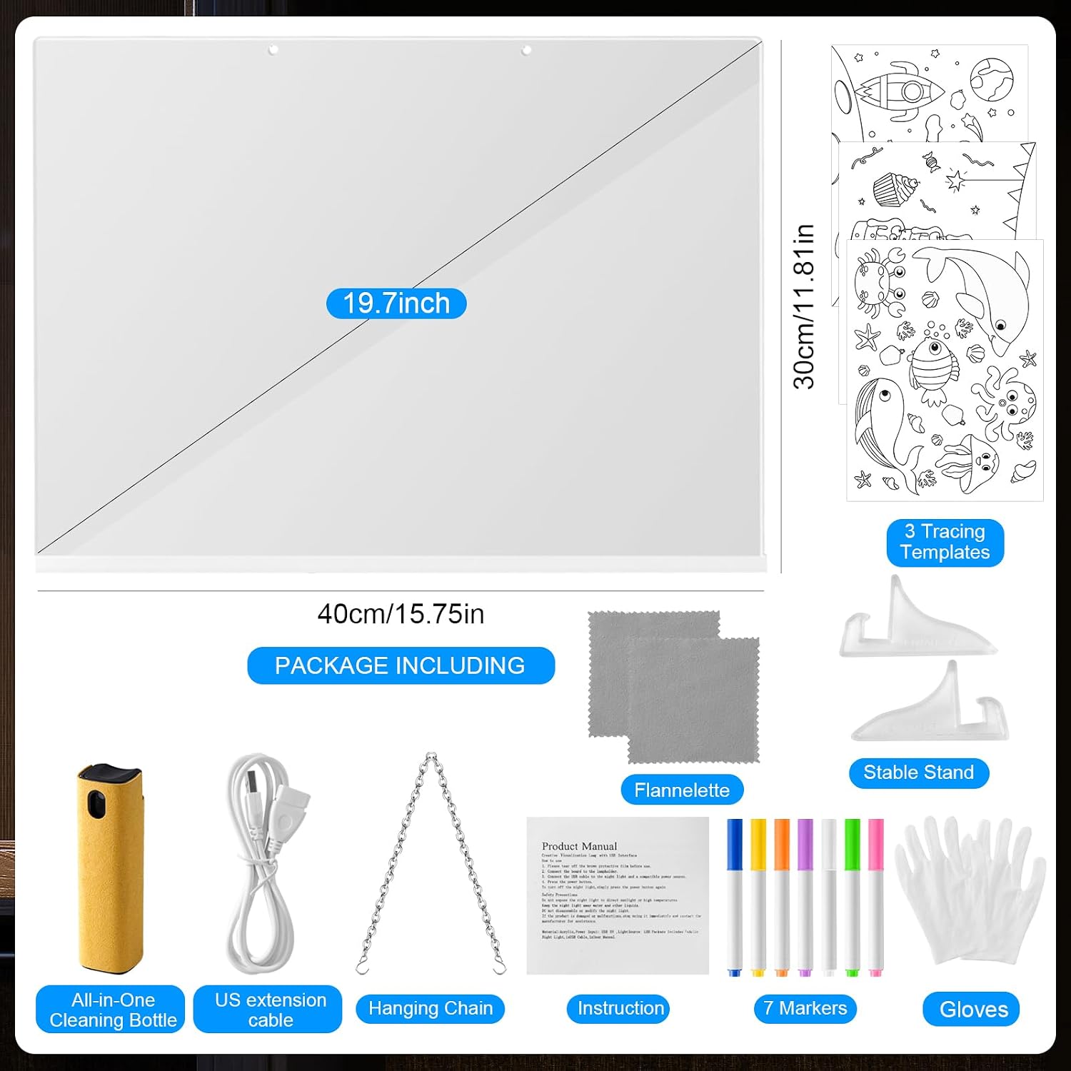 VINTS LED Drawing Board,19-Inch Acrylic Dry Erase Board with Light,3 Modes & 7 Colors Light up Drawing Board with Stand,7 Markers,3 Tracing Templates for Kids Teen Gifts,15.75"X11.81"