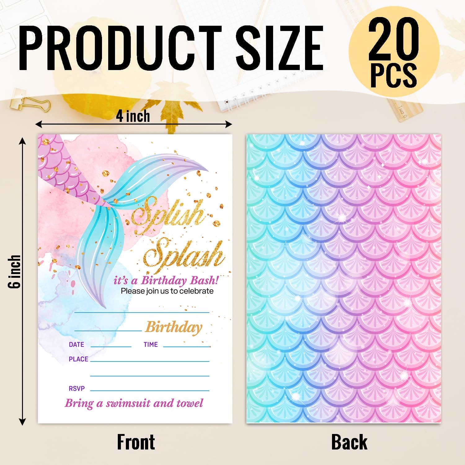 Splish Splash Party Invitation for Girls Boys, Mermaid Party Invites Birthday Party Invitation Cards Party Celebration for Teens, 20 Cards With 20 Envelopes -08