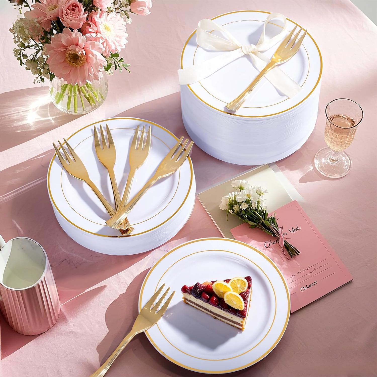 WELLIFE 120 PCS Plastic Dessert Plates and 120 PCS Forks, 6.3 inch Disposable Salad Plate, Premium White Appetizer Plates with Gold Rims Perfect for Party and Wedding - Image 4