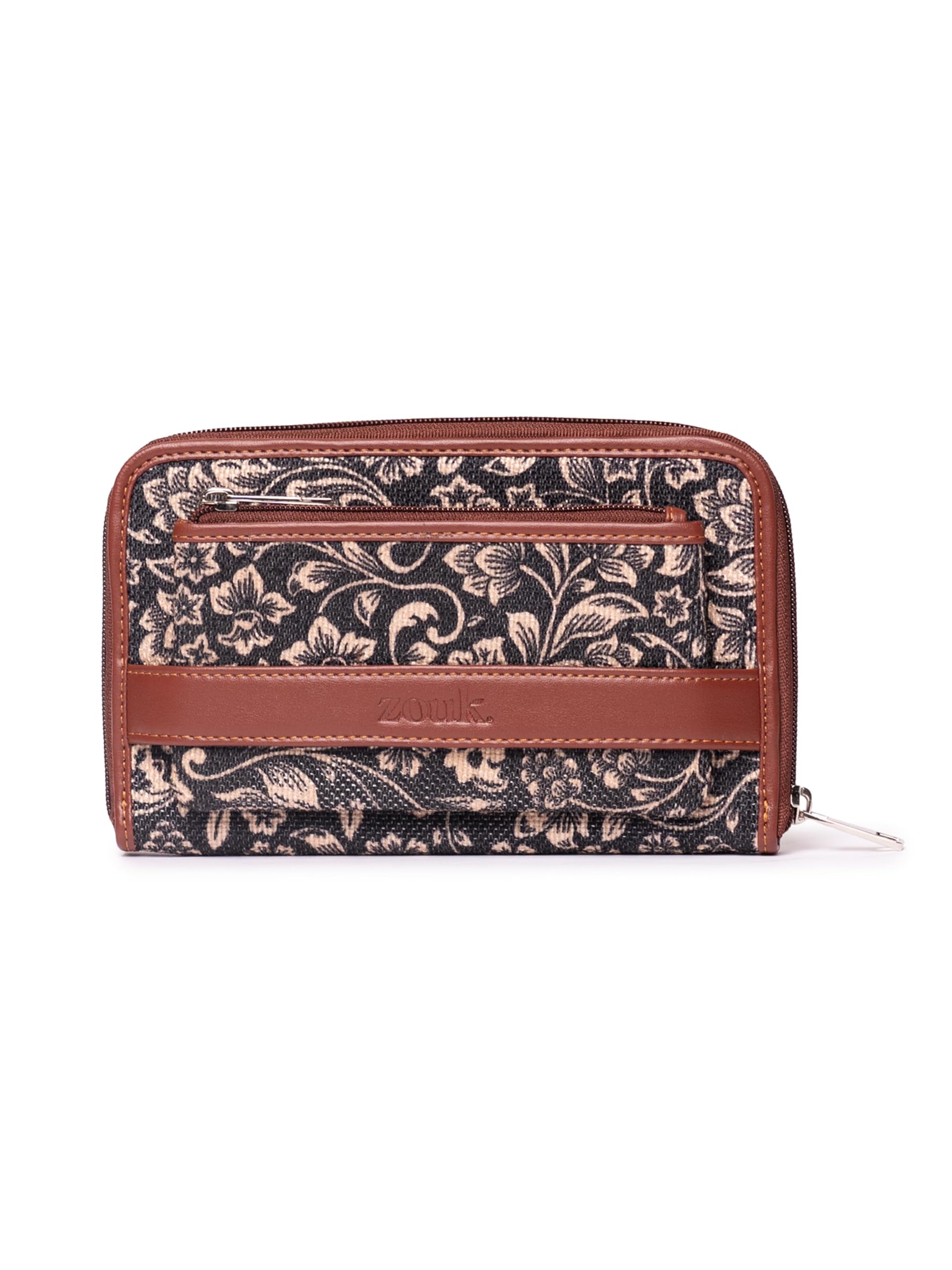 ZOUKFabric Vegan Leather and Jute with Mobile Phone Pocket FloMotif Print Handmade Classic Women's Wallet (Brown)
