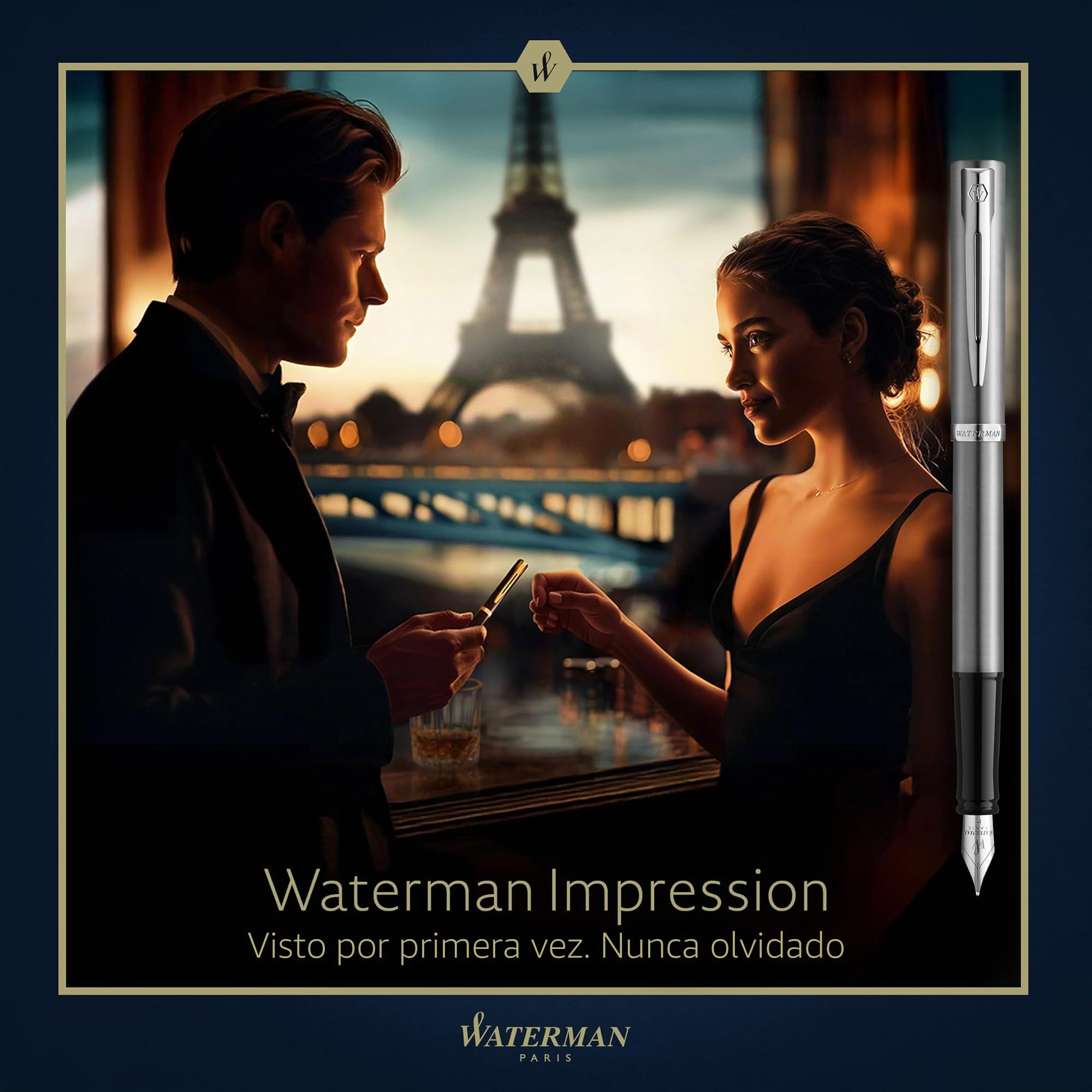 Waterman Impression Pluma estilográfica | Plumín fino con recarga de tinta azul | Acero inoxidable con adornos chapados en paladio | Caja de regalo