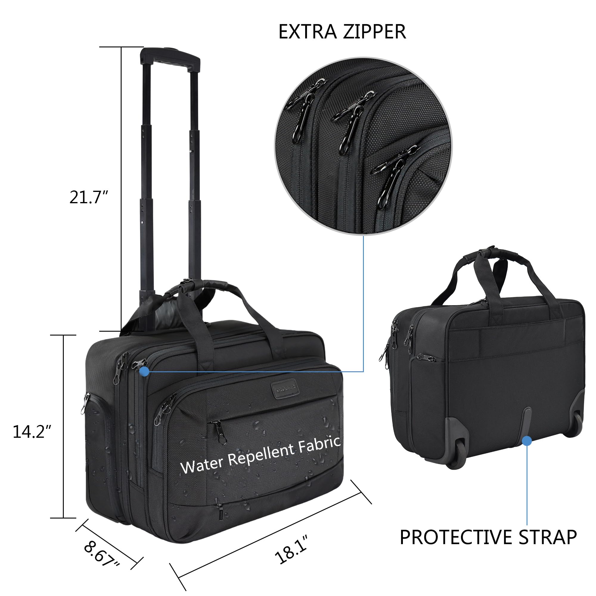 KROSER Mallette à roulettes Portable Sacoche Ordinateur 17,3" Imperméable Porte-Documents Poches RFID Rolling Laptop Bag