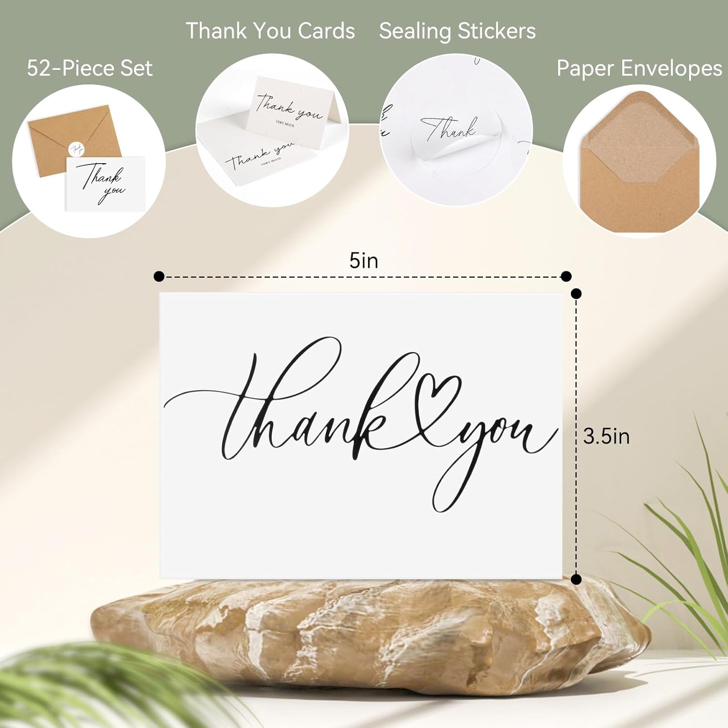 Azureal Thank You Cards with Envelopes 52-Pack, Minimalist Design 3.5x5 Inches Thank You Notes with Envelopes Set and Matching Stickers, Blank Cards for Wedding, Bridal, Baby Shower, Graduation, Business - Image 2
