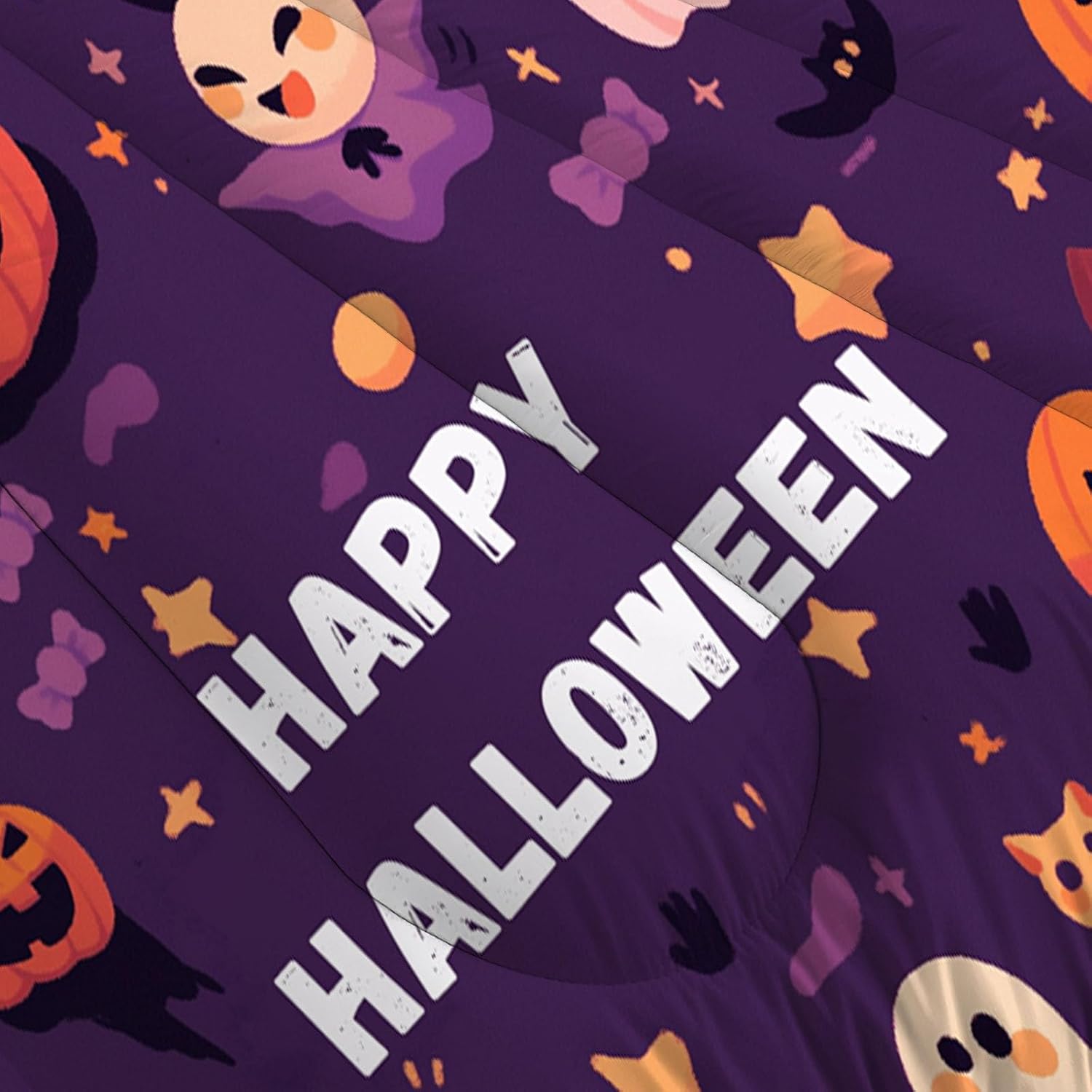 Cartoon Pumpkin Comforter Set King Size, Happy Halloween Bedding Set for Teens Adults Room, Purple Soft 104" x 90" Quilt with 2 Pillow Cases, Lightweight Purple Quilt for All Season