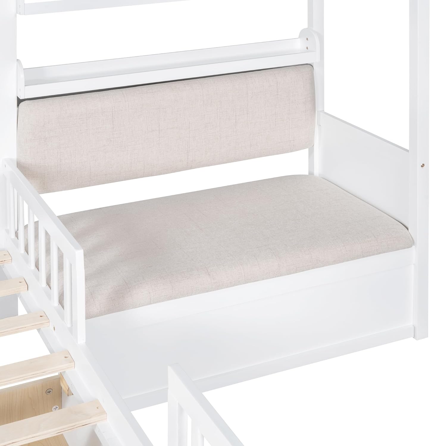 House Platform Bed with Upholstered Sofa, Twin Size Bed with Two Drawers and Storage Shelf, Wood L-Shaped Platform Bed with Window and Roof Design for Kids Teens (White,19)