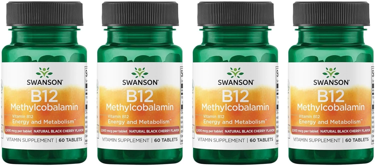 Swanson Vitamin B12 Methylcobalamin - Natural Black Cherry Flavored 2,500 mcg 60 Tabs (4 Pack)