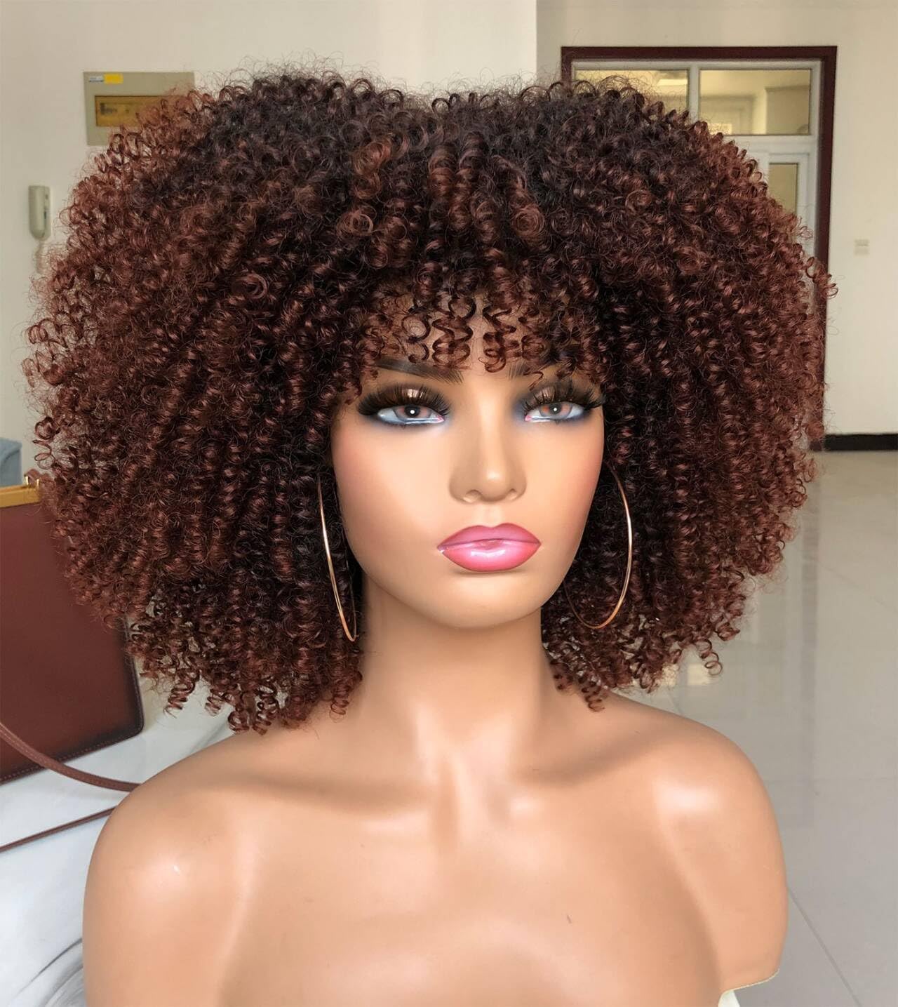 ANNISOUL Curly Afro Wigs for Black Women Afro Kinky Curly Wig with Bangs No Glue,Full and Fluffy Like a Bomb for Daily and Work Dark Brown