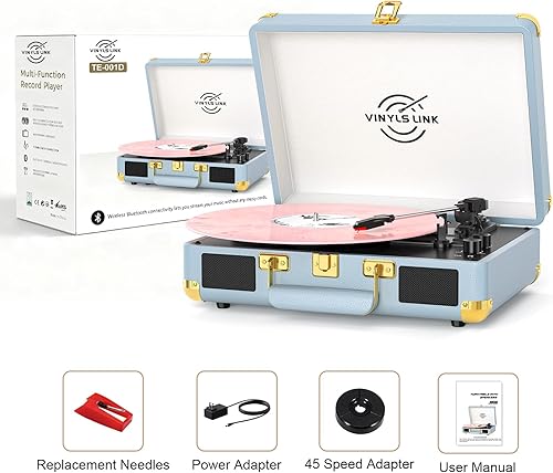 Miniatura 12 de VINYLSLINK - Tocadiscos de vinilo Bluetooth, tocadiscos portátil de 3 velocidades con control de agudos y graves, altavoces estéreo integrados,