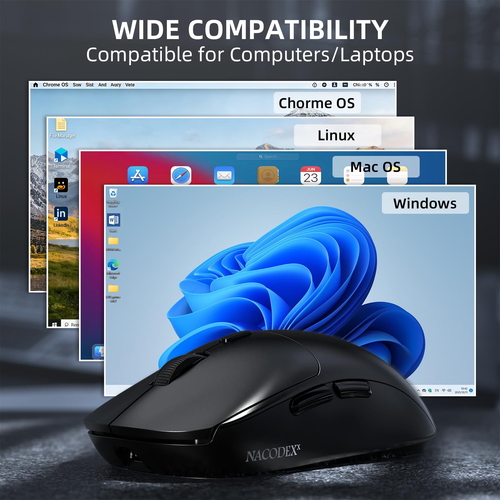 A.JAZZ NJ07 SUPERLIGHT Wireless Computer Mouse, BT/2.4G/USB-C, 67g Lightweight, 12800 DPI, 300mAh Battery, 1K Polling Rate, Streamlined Ergonomic, Cordless Silent Gaming Office Mice for PC/Mac-Black — view 9
