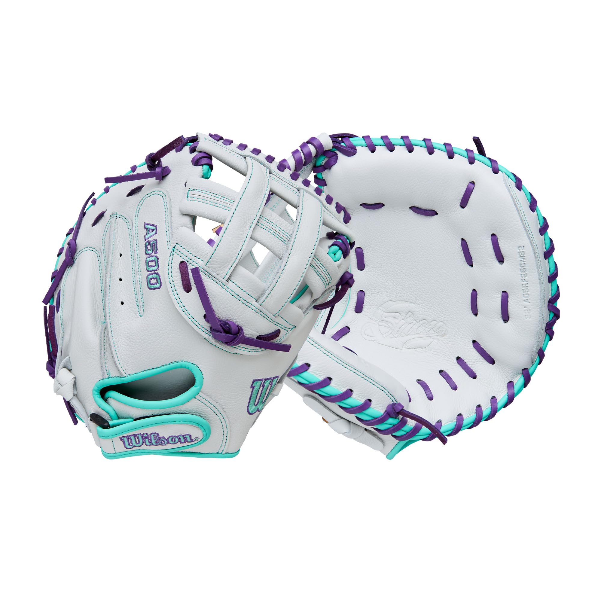 Wilson Manopla para receptores de sóftbol de lanzamiento rápido A500 de 32 pulgadas, para lanzar a la derecha, blanco/espuma de mar/morado