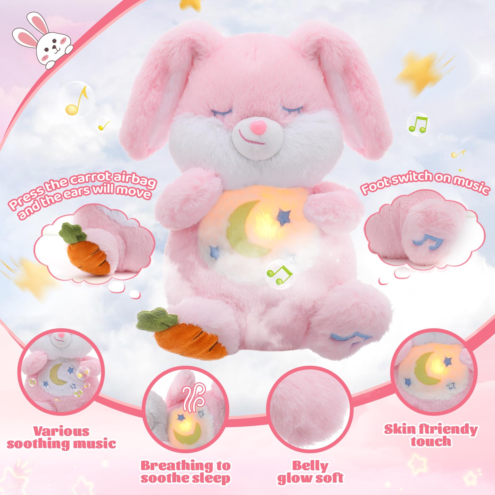 seOSTO Soothing Bunny Breathing Bunny Teddy Plush with Light and Natural Musical Breathing for Baby Toys New Baby Gifts Anxiety Teddy for Adults - Image 4