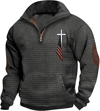 ZYXTIM Men Waffle Sweatshirts Quarter Zip Long Sleeve Stand Collar USA Flag Patriotic Shirts Tactical Military Army Shirts