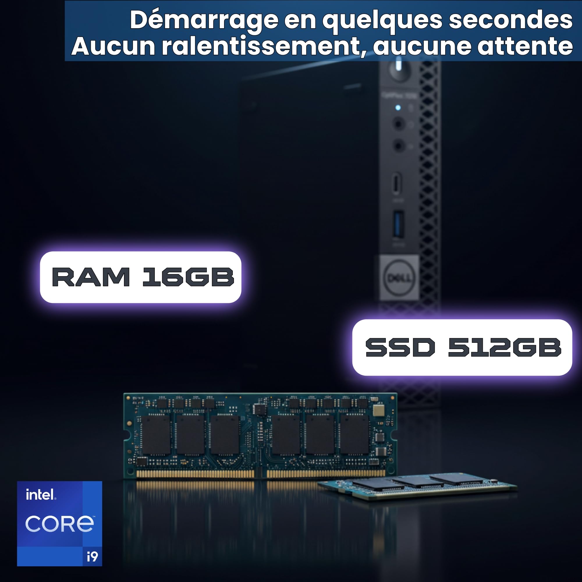 Dell OptiPlex 7070 Mini PC compact | Intel Core i9-9900 8 Core 16 Thread Turbo 5,0 GHz | 16 Go DDR4 | SSD NVMe 512 Go | DisplayPort HDMI 4 USB | Windows 11 Pro | reconditionné
