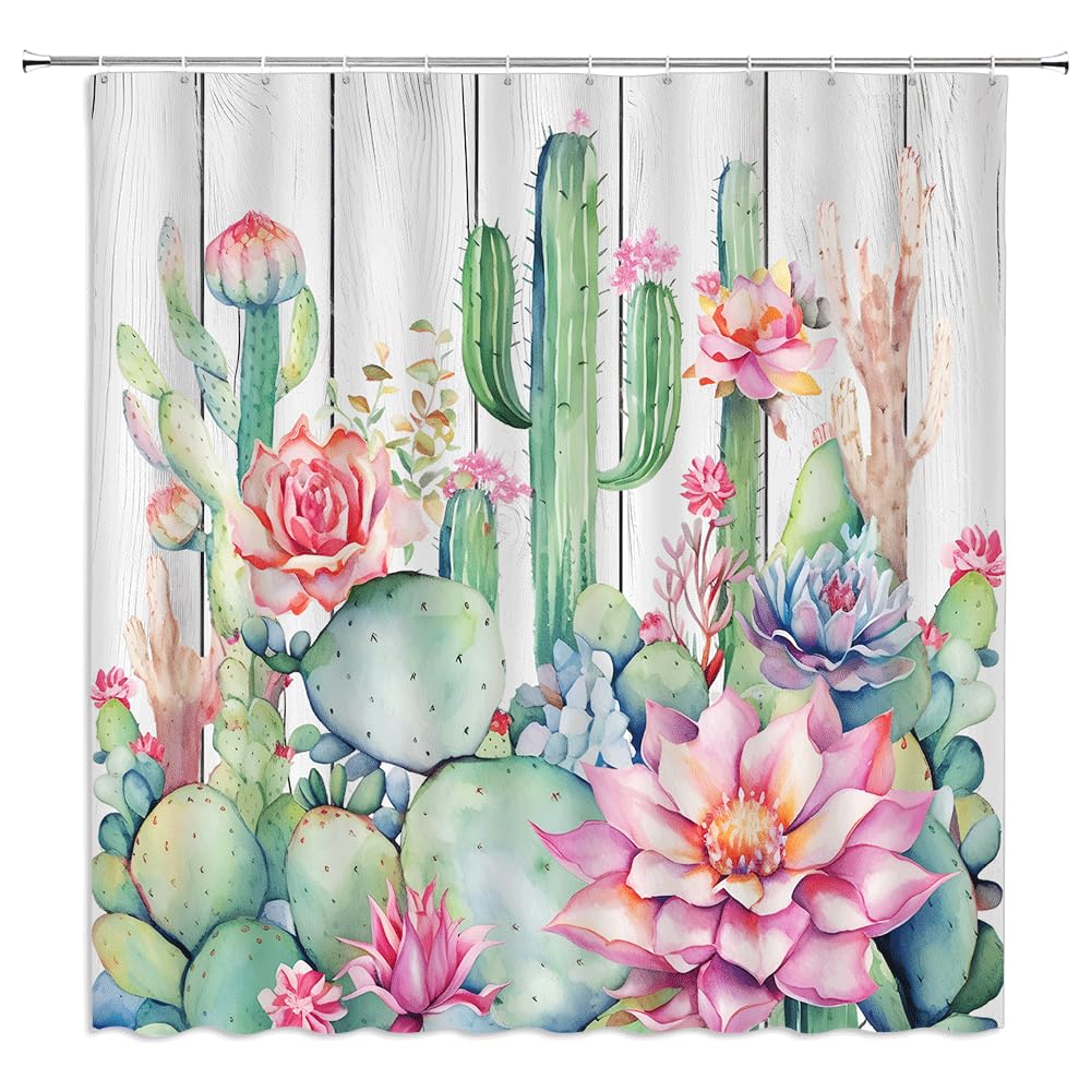 UOZXOML Rustic Cactus Shower Curtain Cacti Desert Succulent Tropical Flower Green Plant Wooden Board Fabric Bathroom Decor Curtains with Hooks,70 x 70