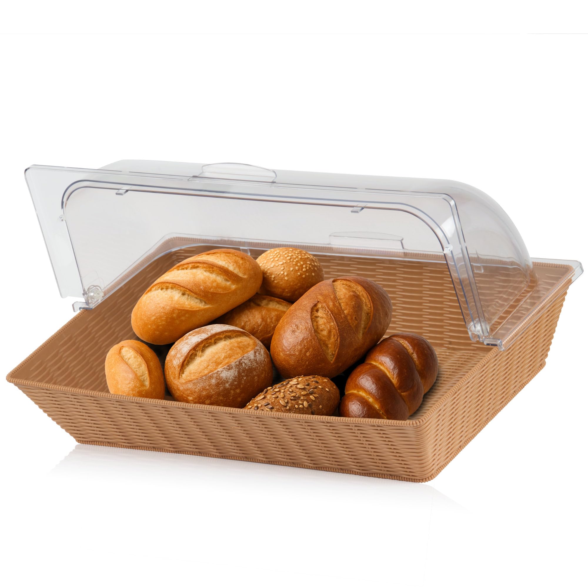 Mahlzeit Rattan koszyk na chleb z pokrywką, pudełko na chleb z okienkiem, pudełko na pieczywo z tworzywa sztucznego, witryna bufetowa, akcesoria bufetowe, pudełko na bułki z pokrywą na kółkach