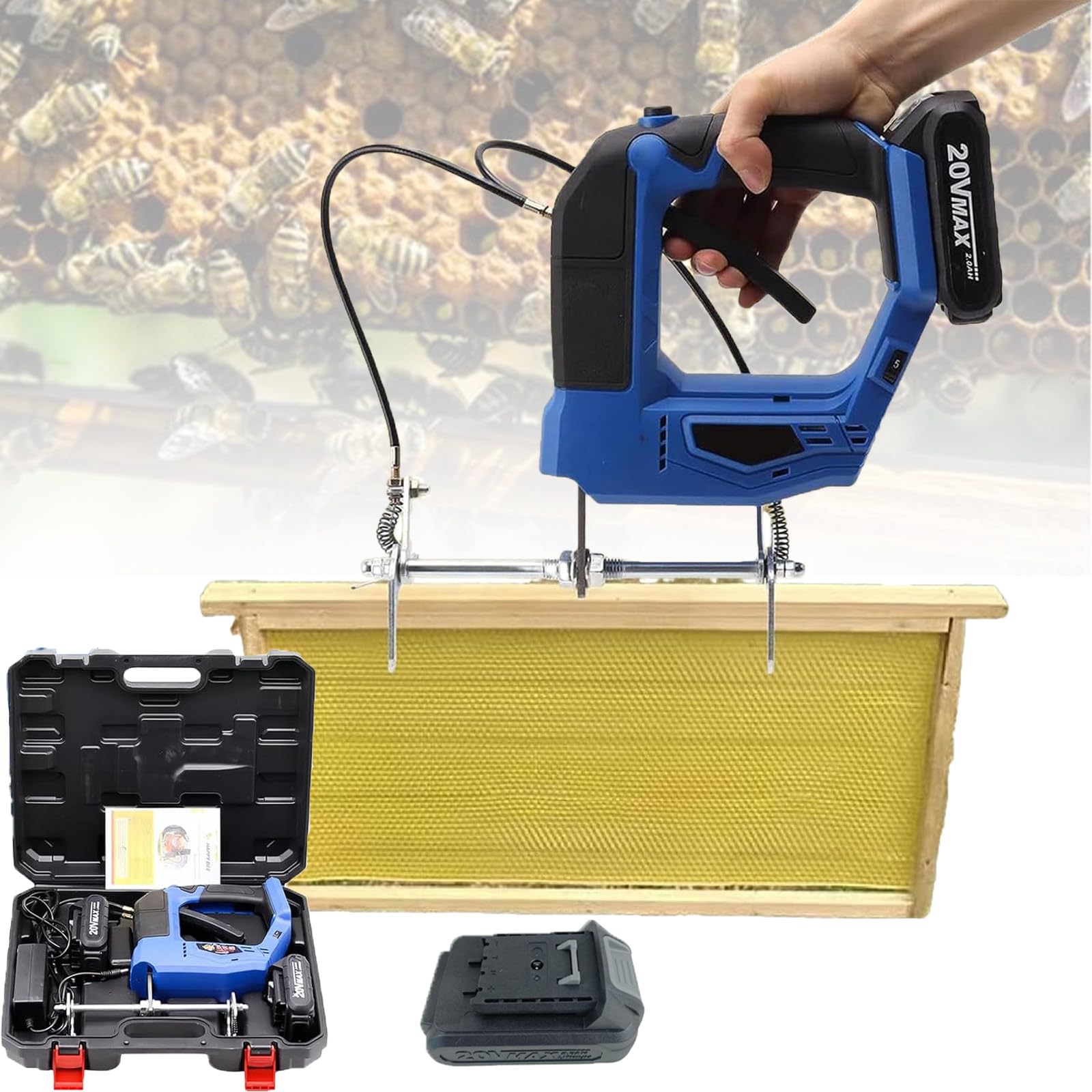 Atwynd Cordless Bee Frame Shaking Tool, Electric Beehive Frame Rechargeable Bee Remover with 2000mAh Lith Batteries for Beekeepers Farm, Beekeeping Wireless Bee Shaker Equipment Blue-1battery