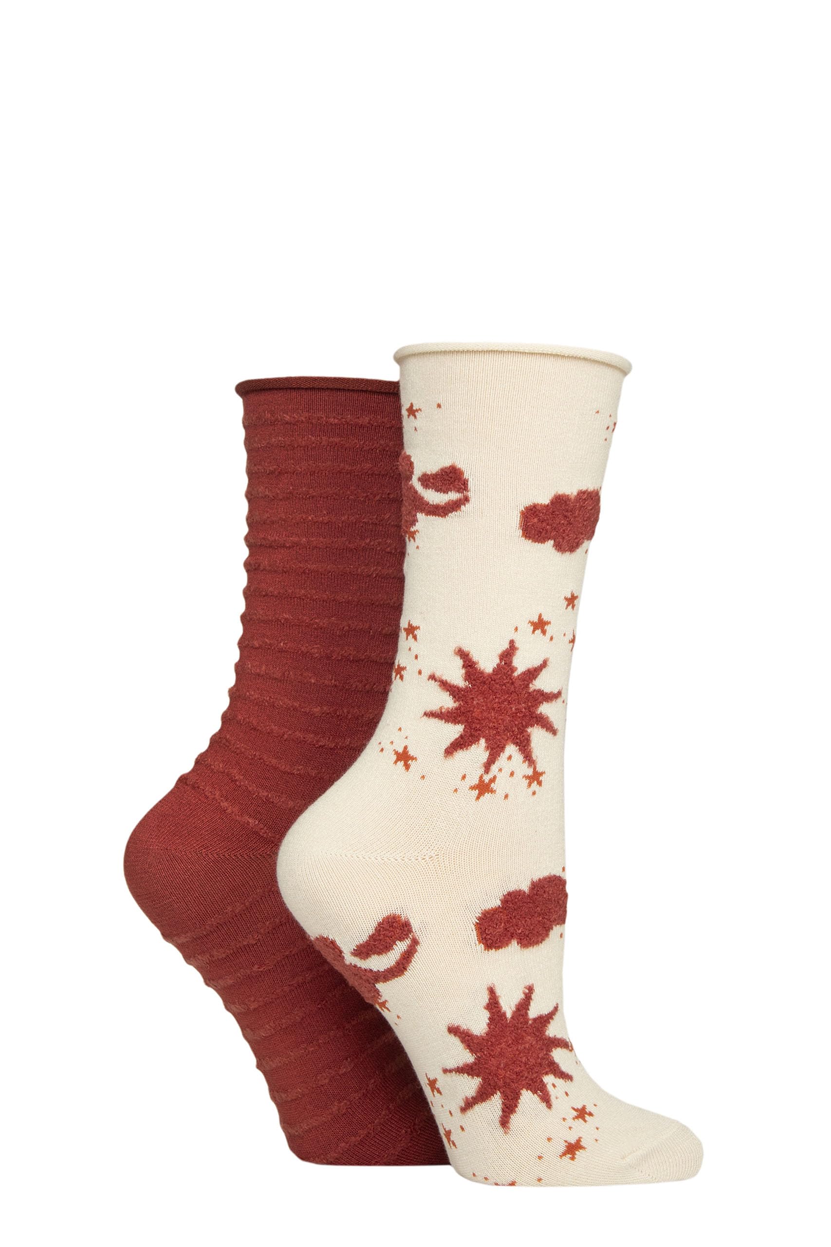 Elle Women's Feather Striped Socks - Soft, Breathable Bamboo, Calf Length, Crew, Fluffy Texture, Patterned, Spotty, Striped, Multipack of 2 Size 4-8 (UK, Numeric, 4, 8, Regular, Regular, Wild Poppy)