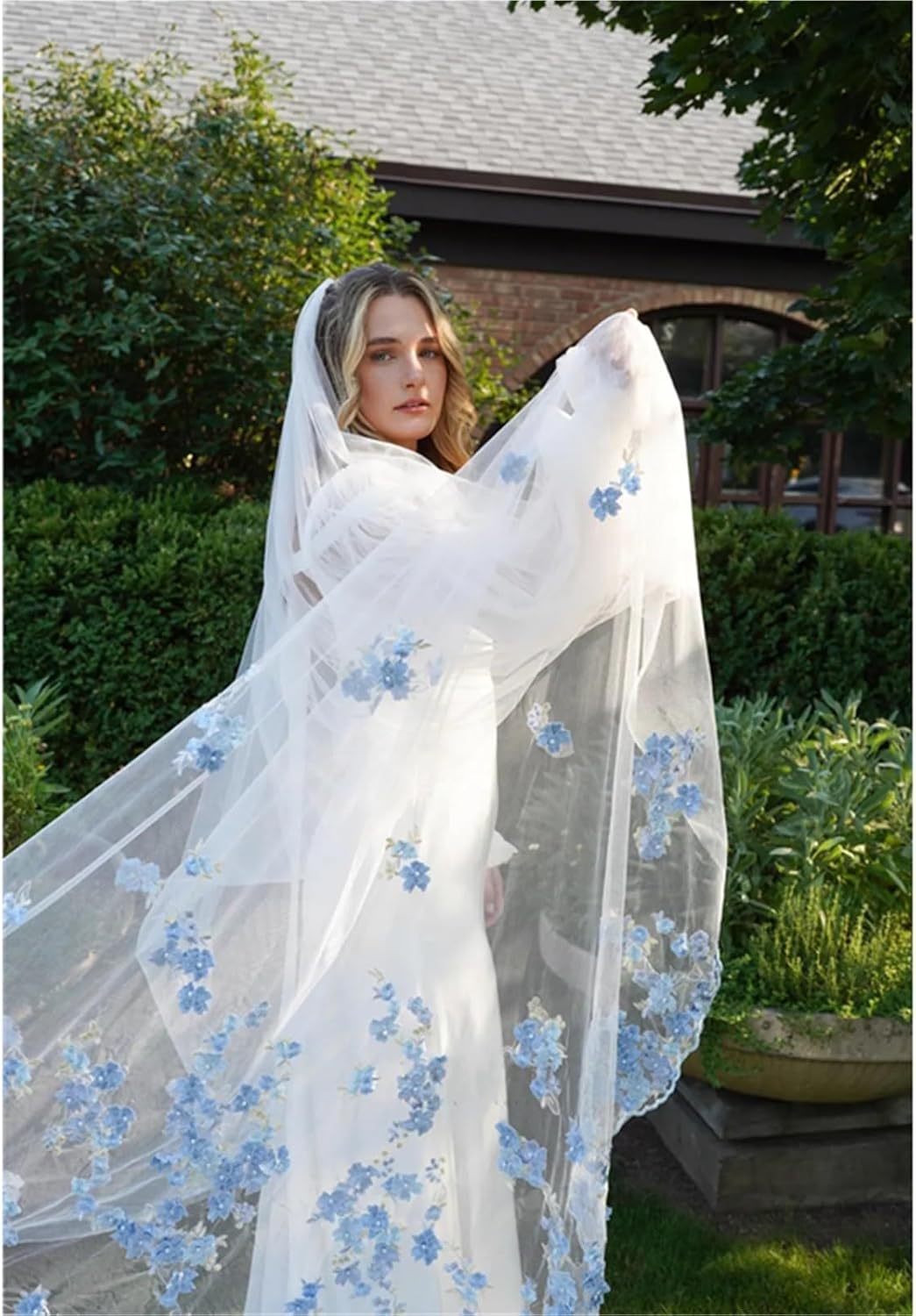 Stunning Blue 3D Floral Outdoor Wedding Veil with Comb - Long Cathedral Tulle Bridal Accessory Girls