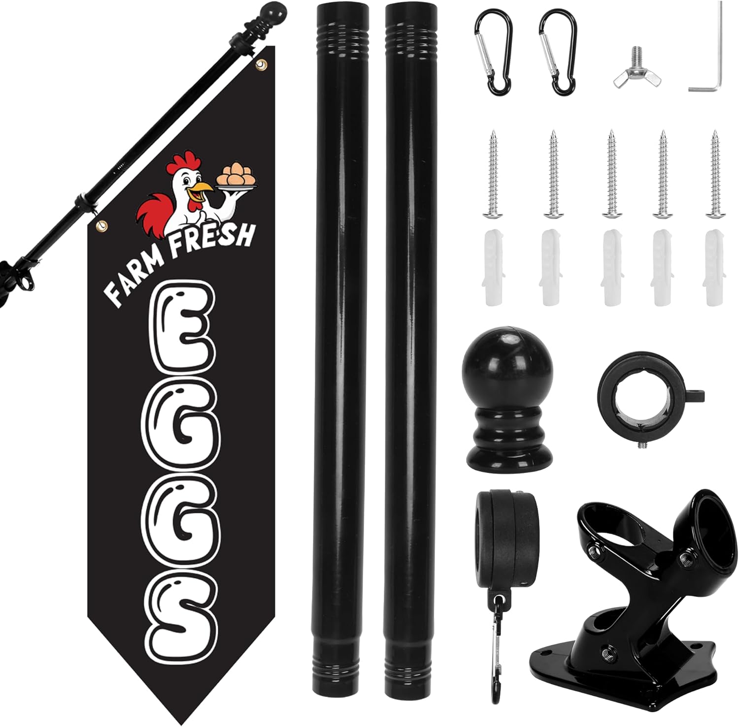 Farm Fresh Eggs Flag with Pole Kit – 42x12inch Double-Sided Heavy-Duty Canvas Flag, Outdoor Rustic Farm Stand or Market Stall Sign, Weatherproof Hanging Advertising Display (Black)