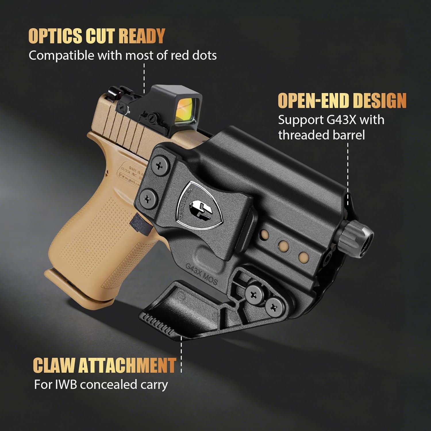 WARRIORLAND IWB & OWB Holster, Compatible with Glock 43 / 43X / 43X MOS (No Light/Laser), Optics Ready, Adj. Retention & Cant, Removable Concealment Claw, Paddle & 1.5" Belt Clip Included, Right Hand