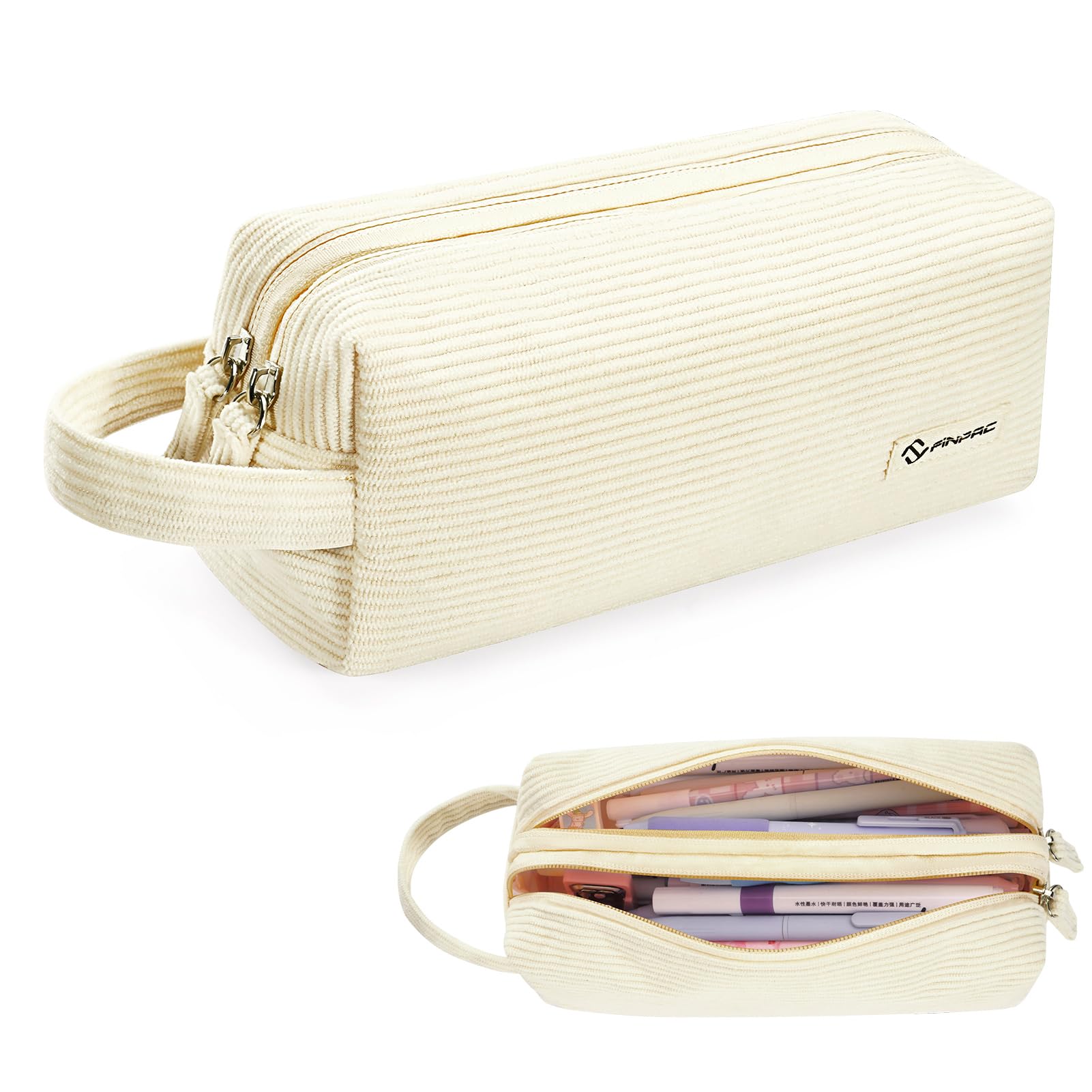 FINPAC Corduroy Pencil Case, 2 Compartments Large Capacity Aesthetic Stationery Pouch with Carrying Handle, Versatile Pencil Pouch for Girls & Boys, for School, Office & Travel, (Beige)