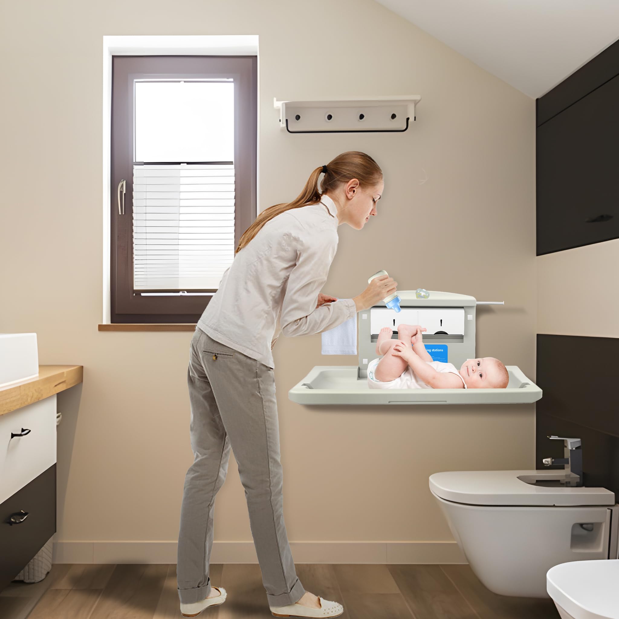 Wickelkommode Wandmontierter HDPE, Baby Mobiler Wickeltisch klappbar mit Sicherheitsgurt, Ablagefächer, Haken, 85x57x47 cm für Zuhause Einkaufszentrum, Gewichtskapazität 33 lbs/ 15kg