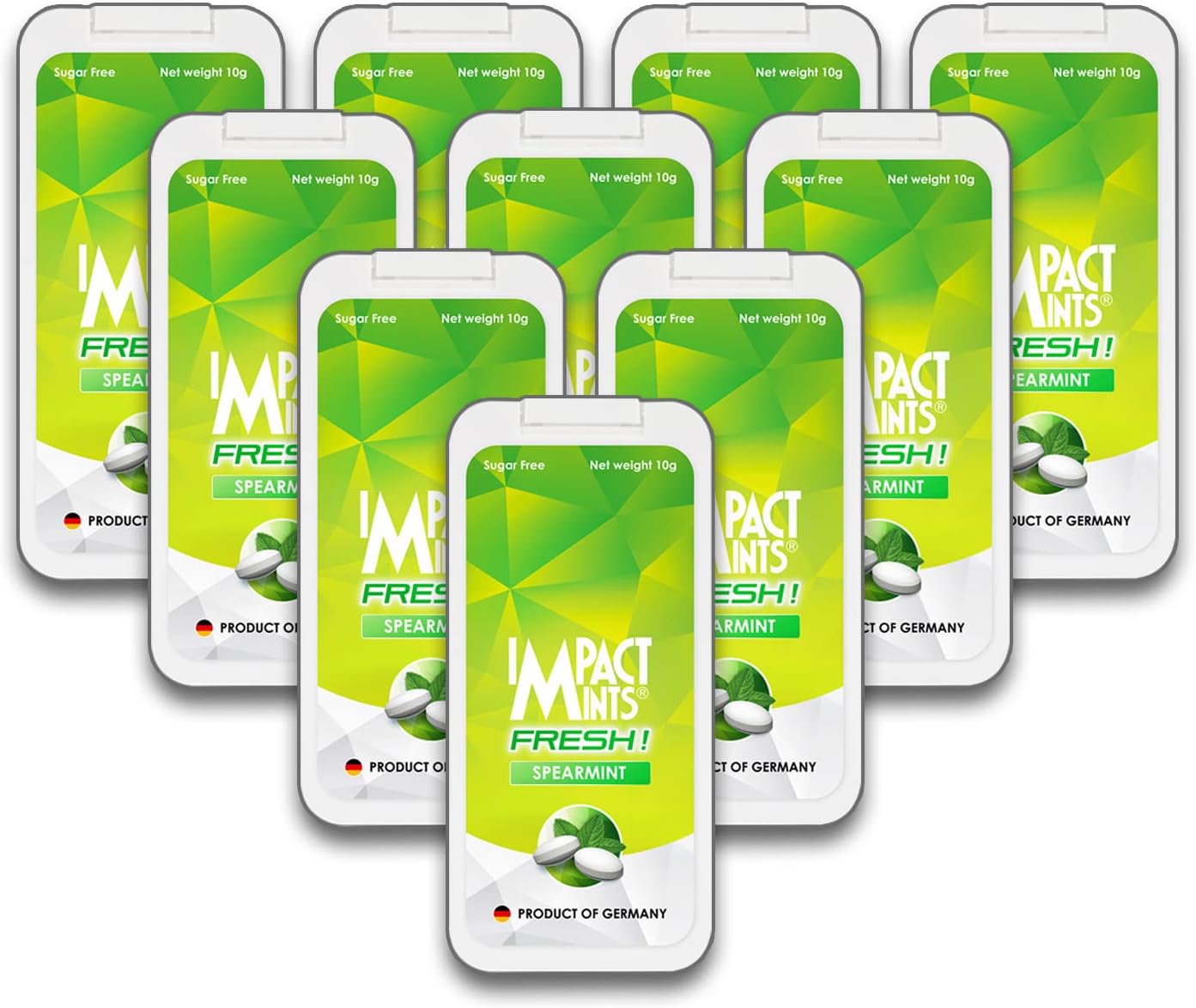 "IMPACTMINTS" Sugar-Free Mints Spearmint Flavor (Pack Of 10) - 10G Each, For An Everlasting & Pleasant Breath, Product Of Germany