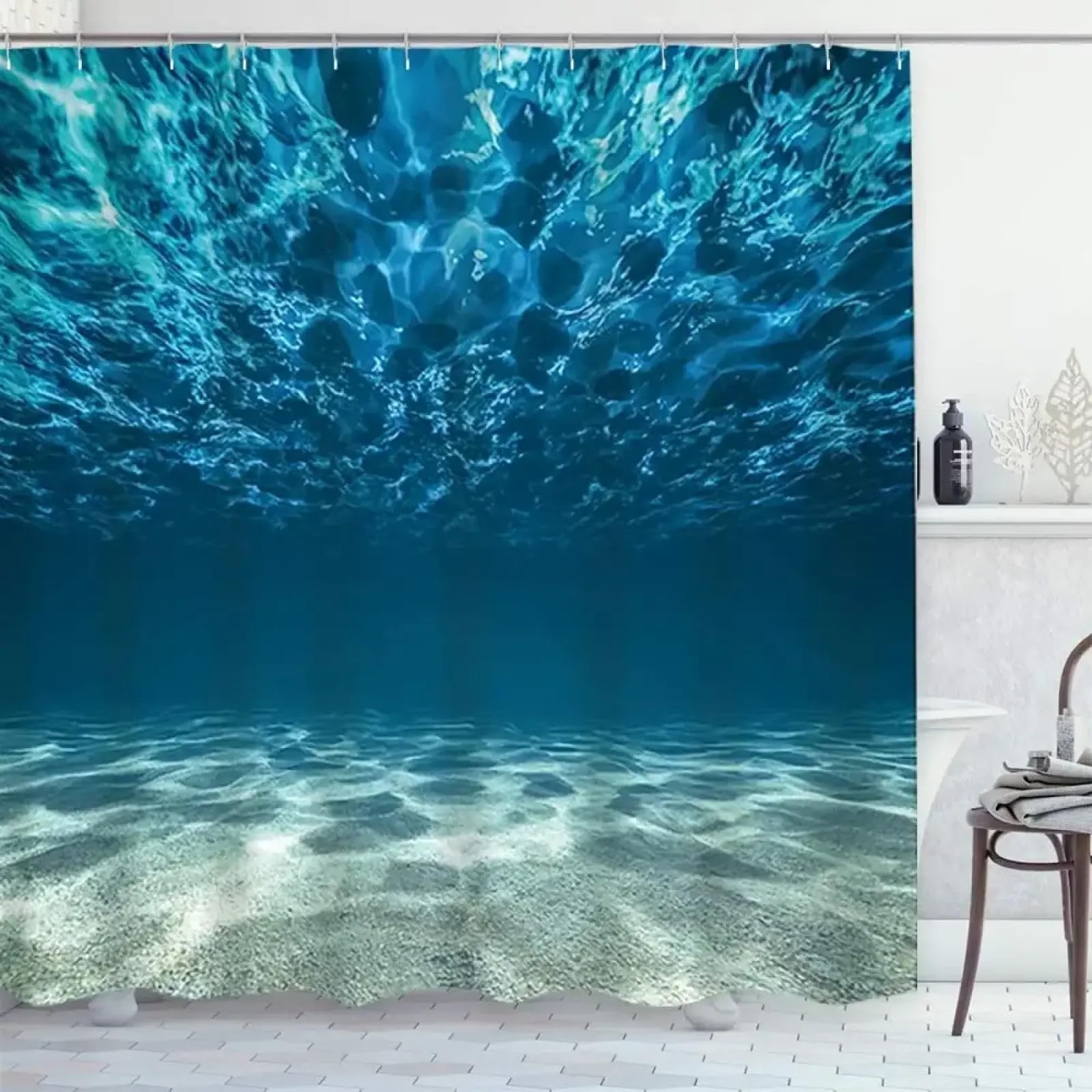Ozean-Duschvorhang-Set, Tropische Meereslandschaft, strahlender Sonnenschein durch tiefblaues Meerespanorama, Unterwasser-Duschvorhänge für Badezimmer, B x L: 200 x 240 cm