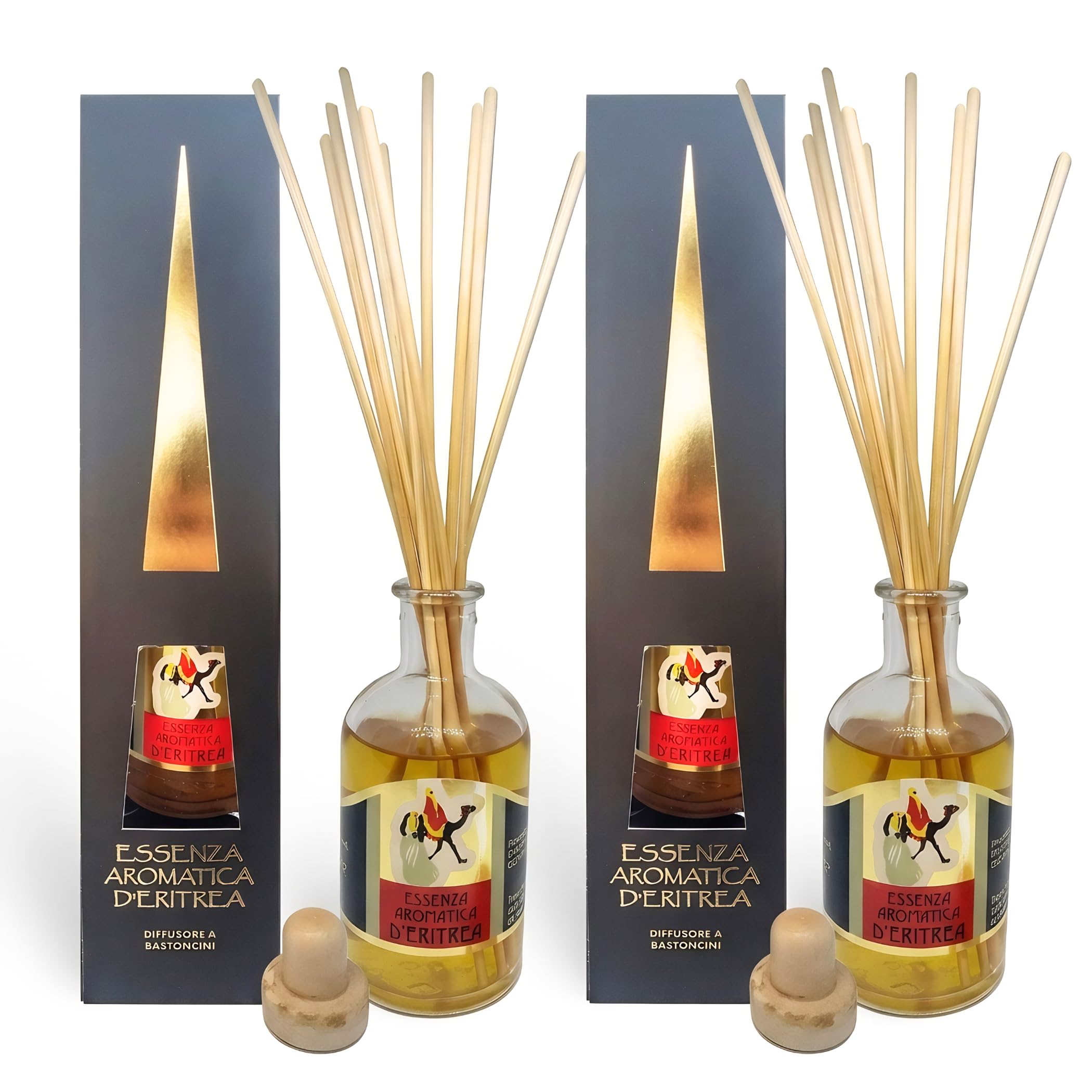 Carta d'Eritrea Set 2 Diffusori Ambiente 100ml Bastoncini Bambù | Kit 2x100ml in vetro con essenza aromatica atossica. Diffonde una fragranza che purifica l'aria durando oltre 30 giorni.