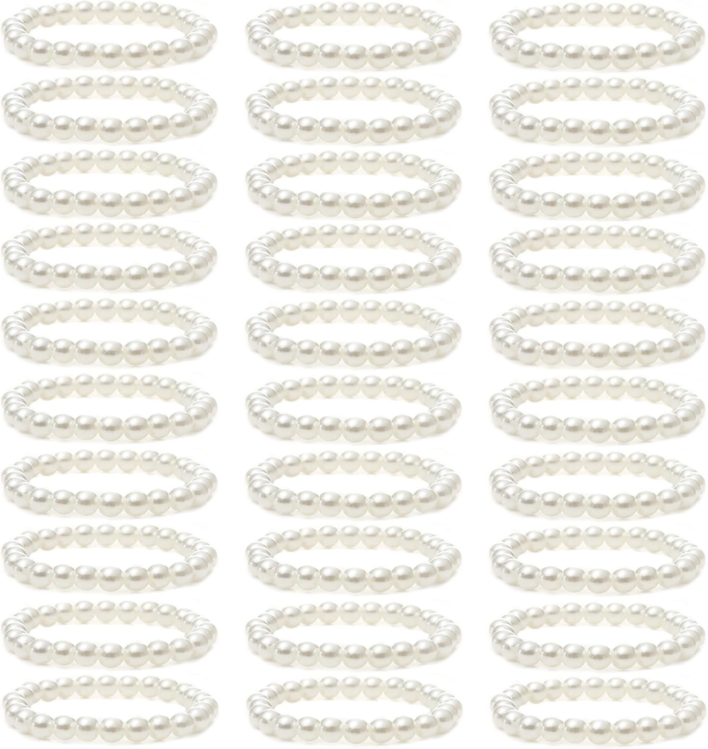 MOZAKA 30 Pieces 6mm/8mm Faux White Pearl Bracelets for Women Stackable Stretch Beaded Bracelets Simulated Pearl Bracelet Set for Bridesmaid Bridal Wedding Party Jewelry