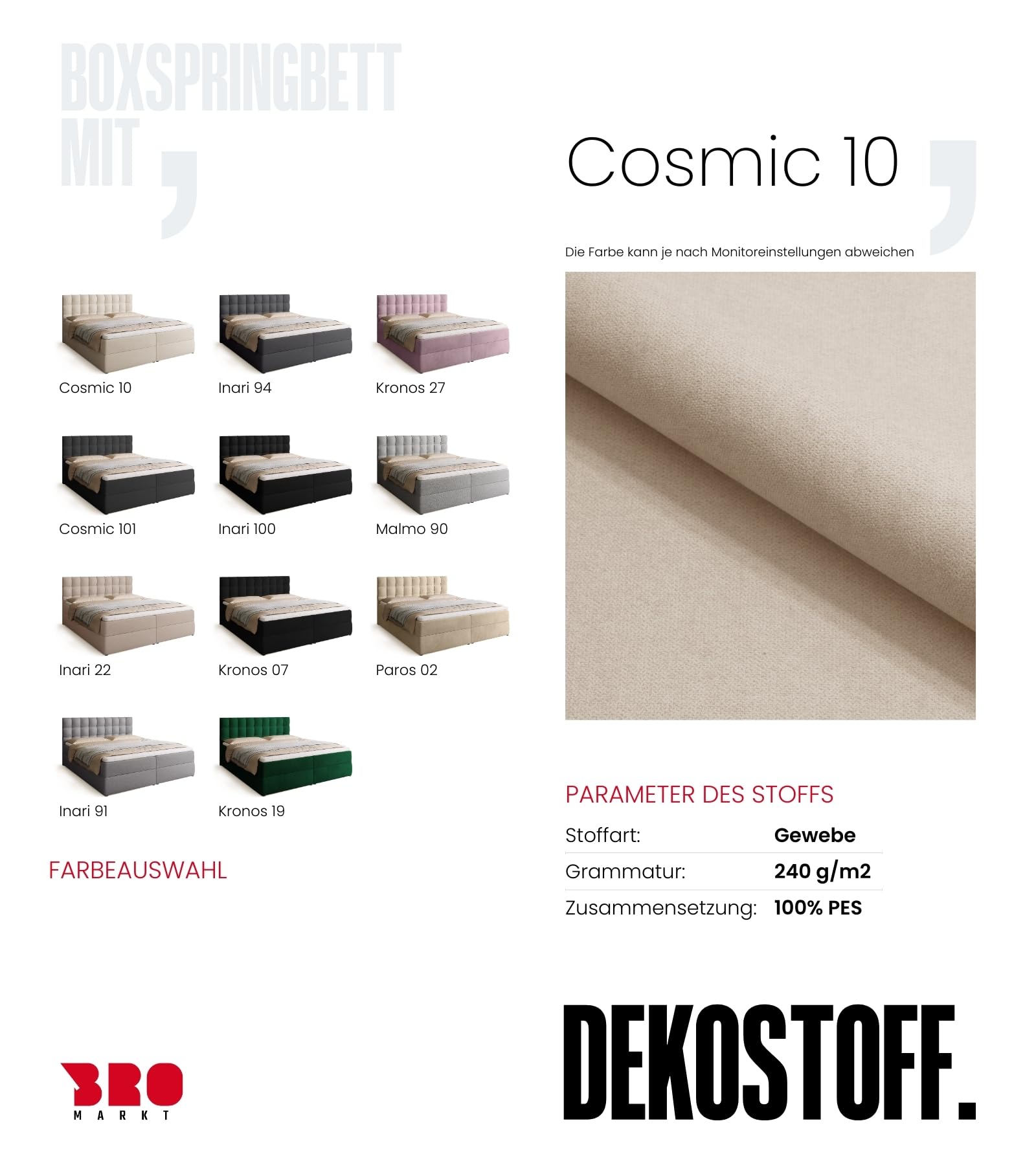 BROMARKT Boxspringbett 180x200cm mit Topper und Bettkasten H3 Beige | Doppelbett für Schlafzimmer mit Bonell Matratze Stauraum und gepolsterte Kopfstütze Bett Bed Einzelbett Federkern DETROIT