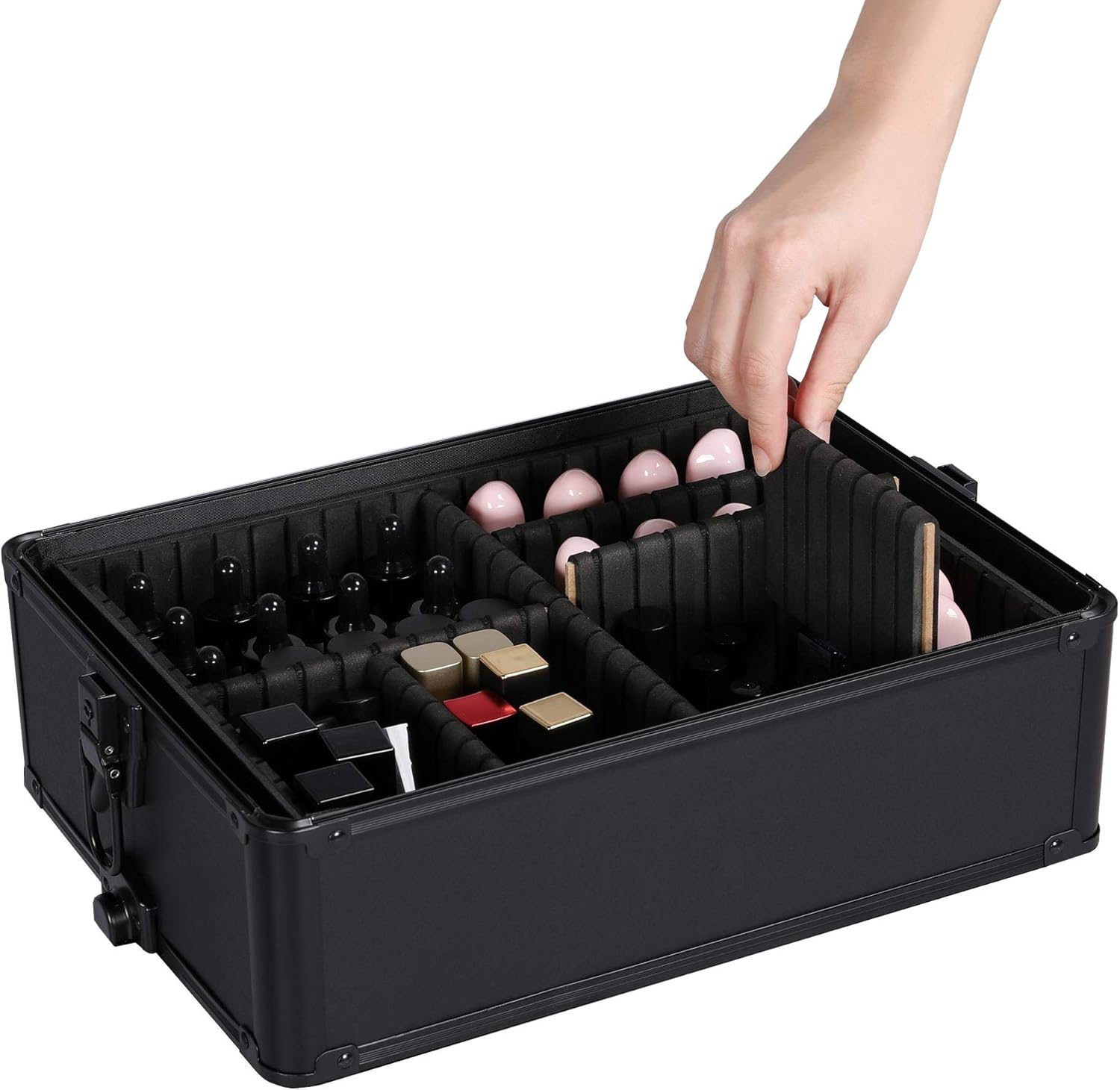 go2buy 4 in 1 Pro Aluminum Rolling Makeup Case Salon Cosmetic Box Organizer Trolley Train Case Black