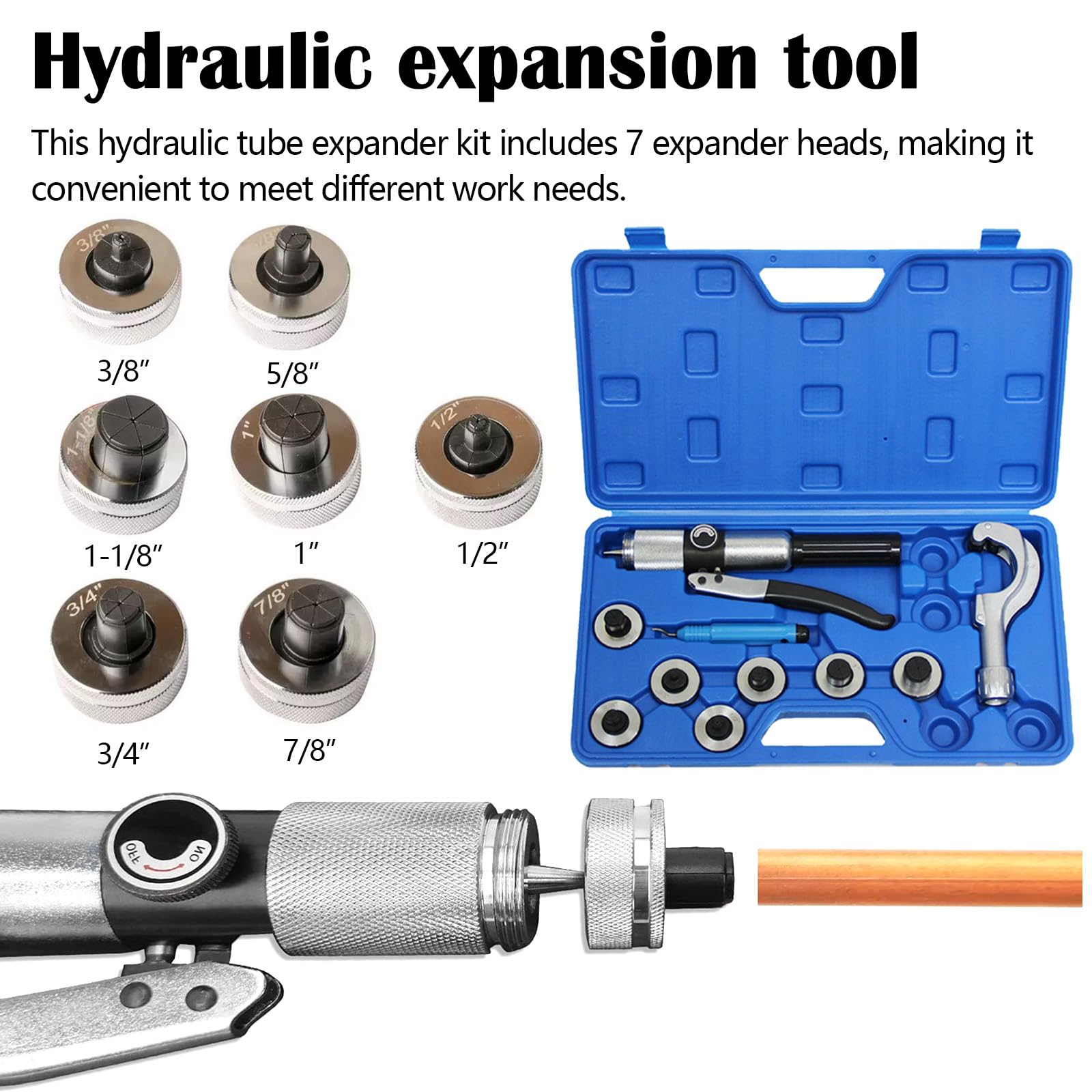 Hydraulischer Rohraufweiter, Hydraulisches Rohrpresswerkzeugset Mit Rohrschneider Entgratungswerkzeug Und 7 AufweiterköPfen Für 3/8 Bis 1-1/8 Zoll Kupferrohre Hvac-Aufweiterwerkzeuge (3/8“~1-1/8“)