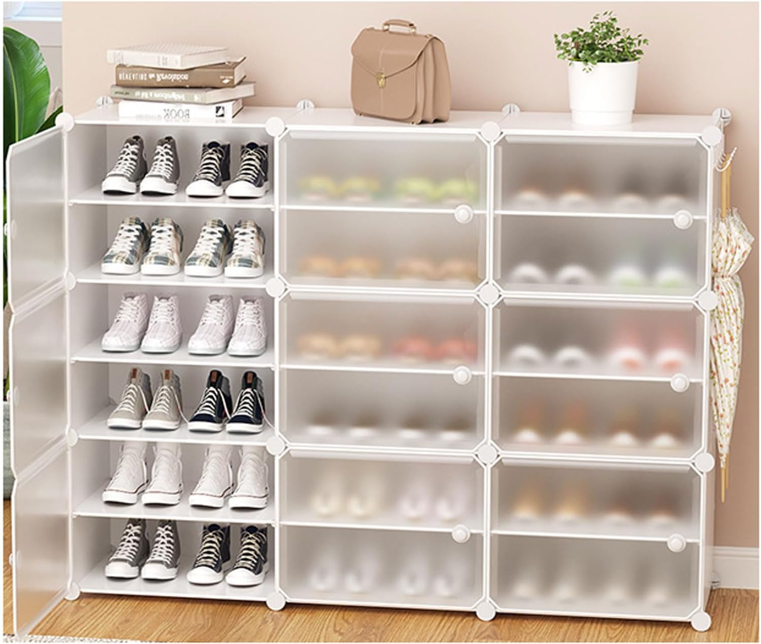 シューズ収納ラック モジュラーシューズラック家庭用防塵プラスチック収納ラック、サイドドア付き、あらゆるタイプの靴用、取り外し可能なパ