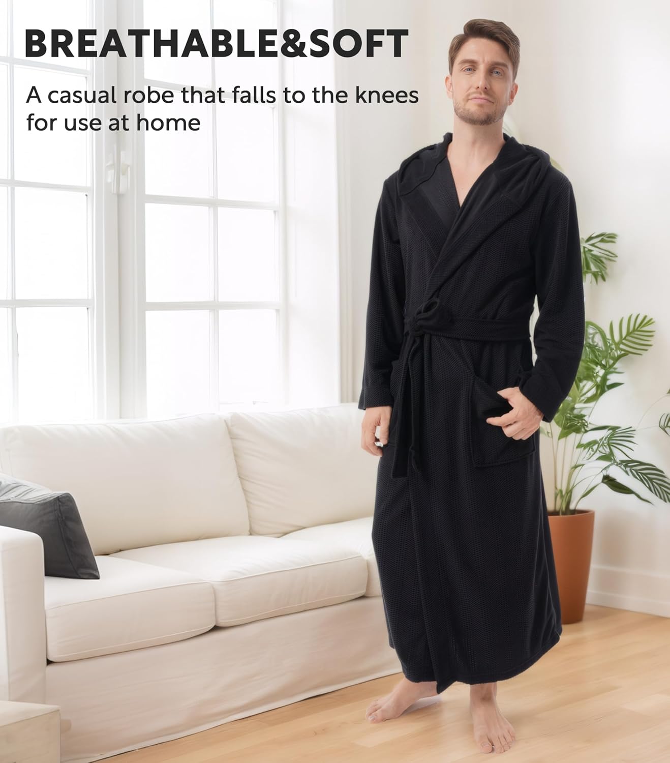 DAVID ARCHY Men's Robe Long Sleeve Lightweight Knit Bathrobe,Comfort Knee Length Hood Sleepwear