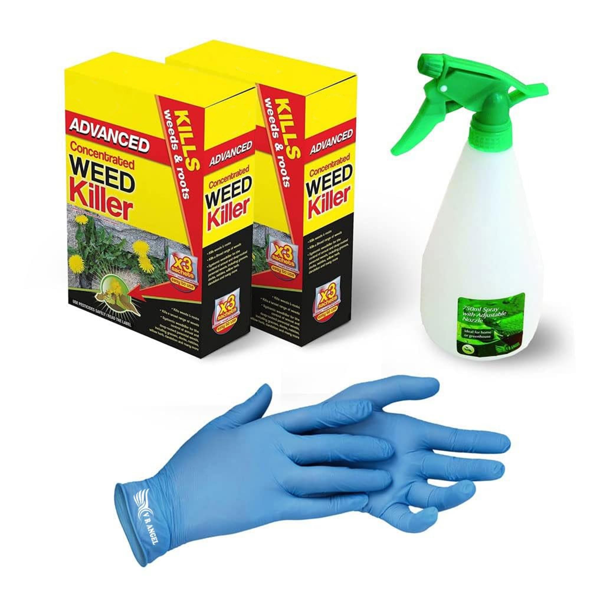 2 x Advanced Concentrated Weedkiller with VR Angel 1 Pair Non-Sterile Gloves & 750ml Plastic Spray Bottle Super Strength and Easy to use Contains Glyphosate kills unwanted vegetation (3 x 80ml Sachet)