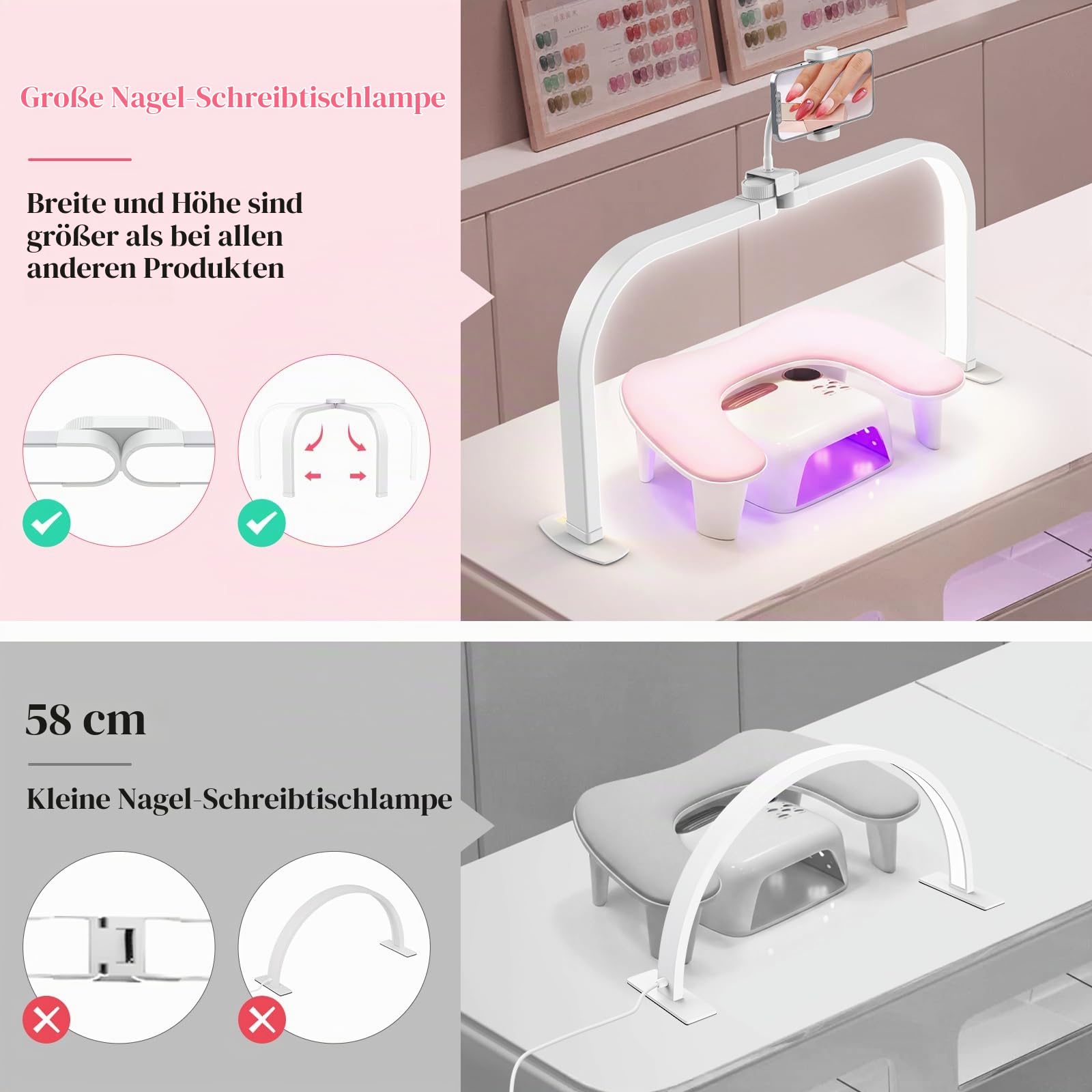 Desktop Halbmond Lampe Nägel: 29in Halbmond Lampe für Anfänger - 3 Farbmodi und 10 Helligkeitsstufen Nagel Tischlampe für Salon - 40W LED Halbmond Wimpern Lampe für Kosmetik/Tattoo - Weiß