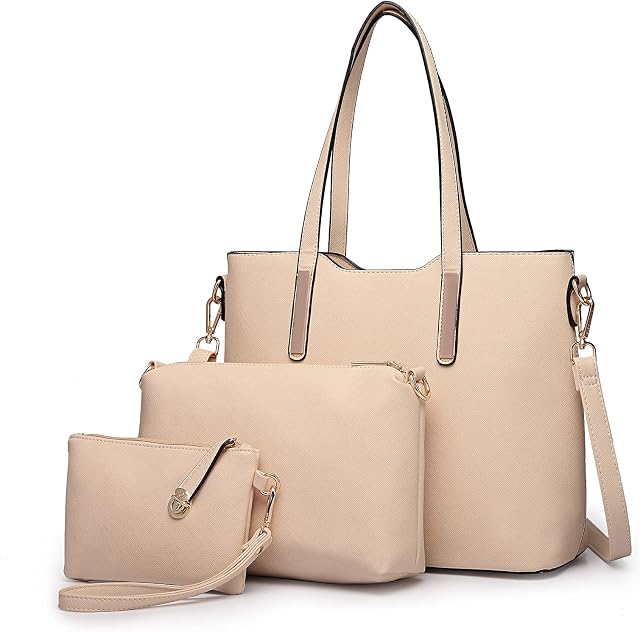 Miss Lulu Women Fashion Handbag Shoulder Bag Purse Faux Leather Tote 3 Piece (Beige)