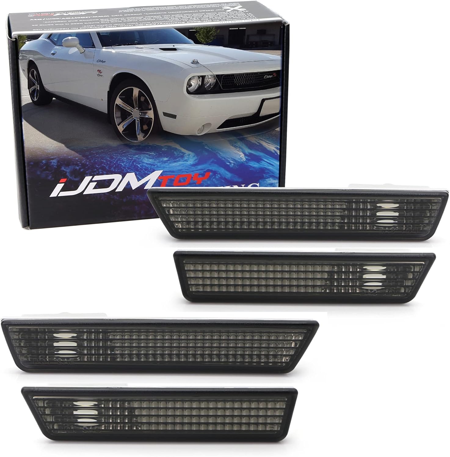 iJDMTOY Complete Smoked Lens Sidemarker Lamp Housings Compatible with 2008-14 Dodge Challenger, (4) OE-Spec Side Marker Lenses Front & Rear Bumpers