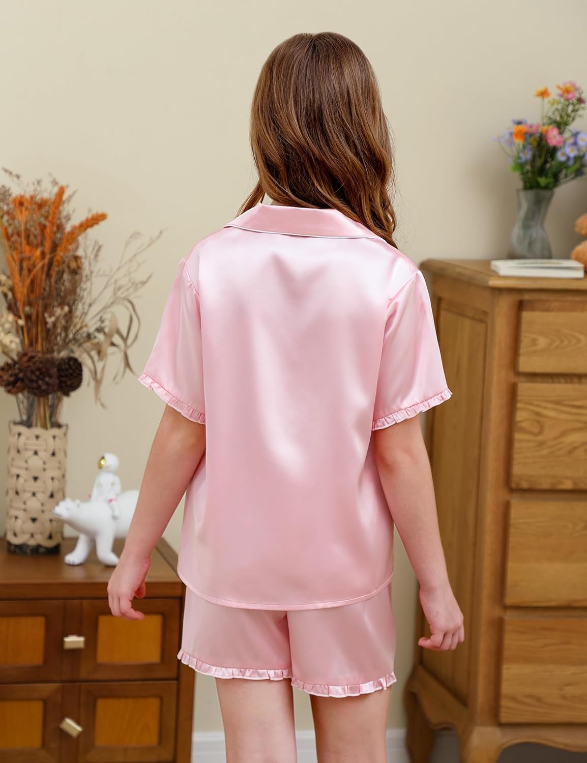DIPUG Girls Pajamas Set Satin Short Sleeve Pjs with Ruffle Trim Soft Silky Sleepwear for Ages - Image 3